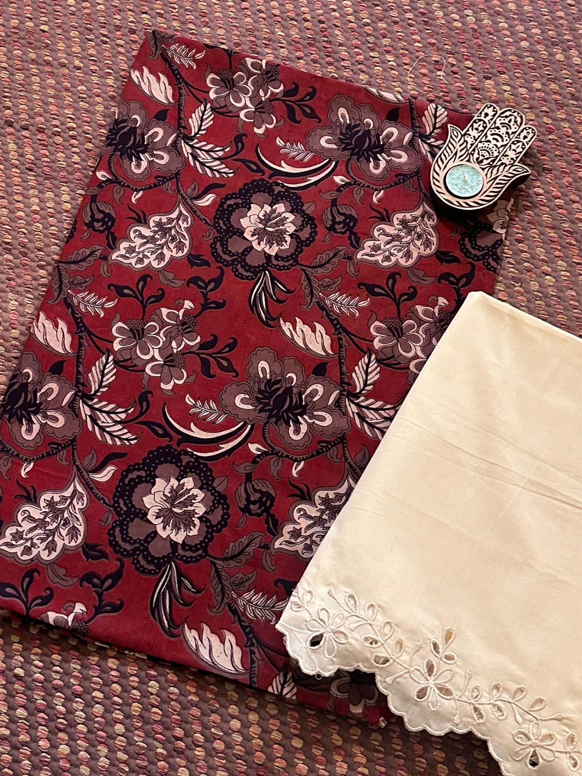 Pure Cotton Malmal Handblocked Fabric with Cutwork Bottom