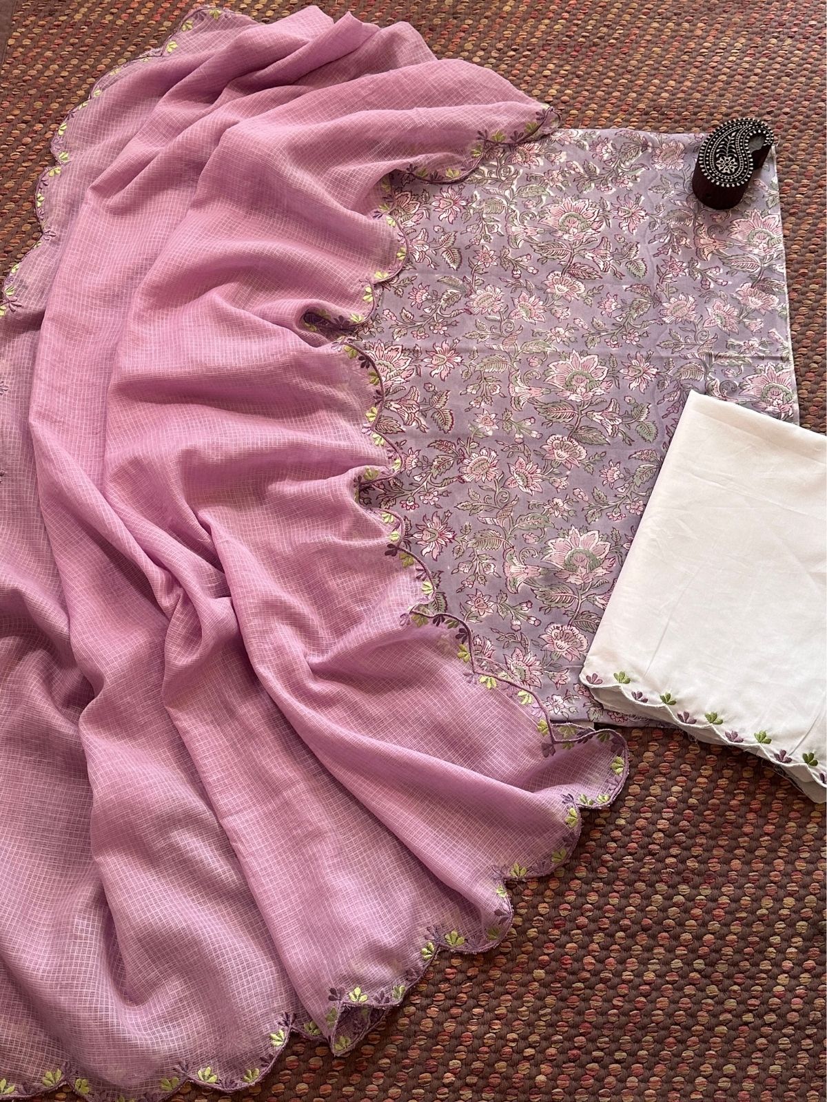 Pure Cotton Hand-block Fabric with Exclusive Embroidered Bottom & Kota Doria Dupatta