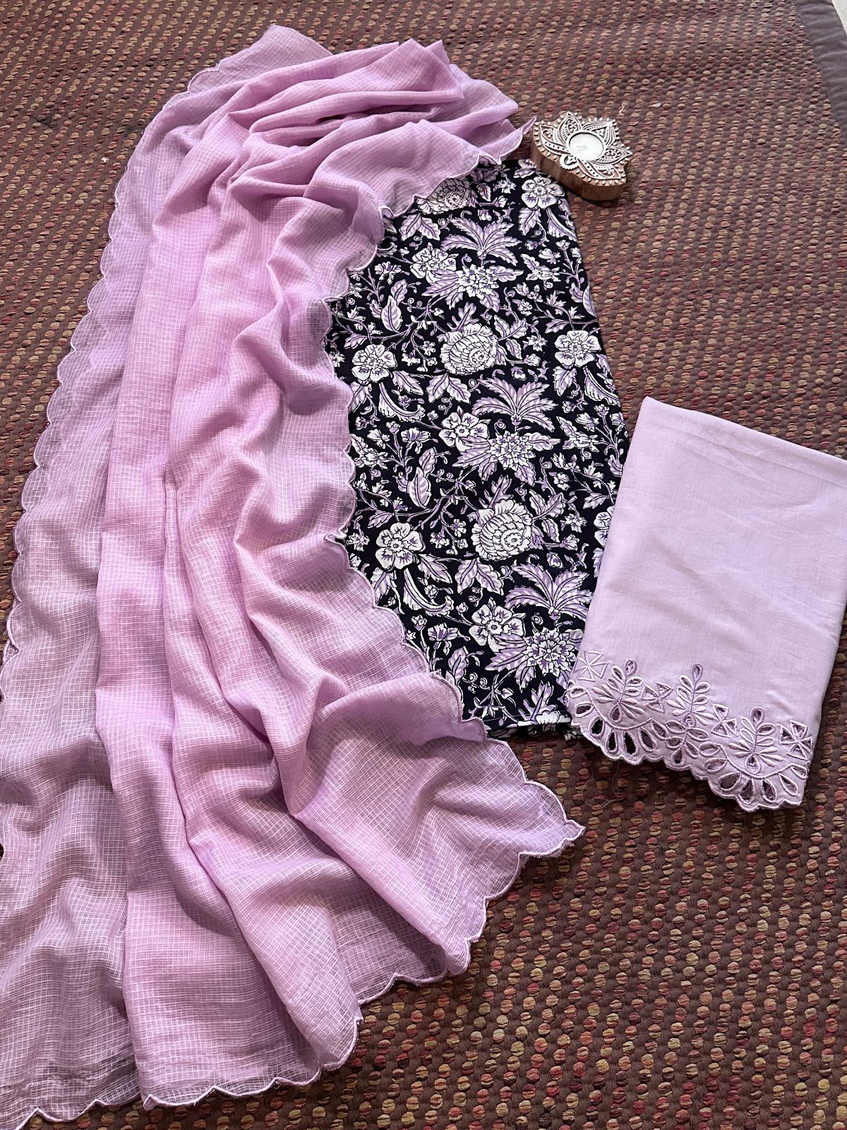 Pure Cotton Hand-blocked Fabric with Cutwork Bottom & Kota Doria Dupatta
