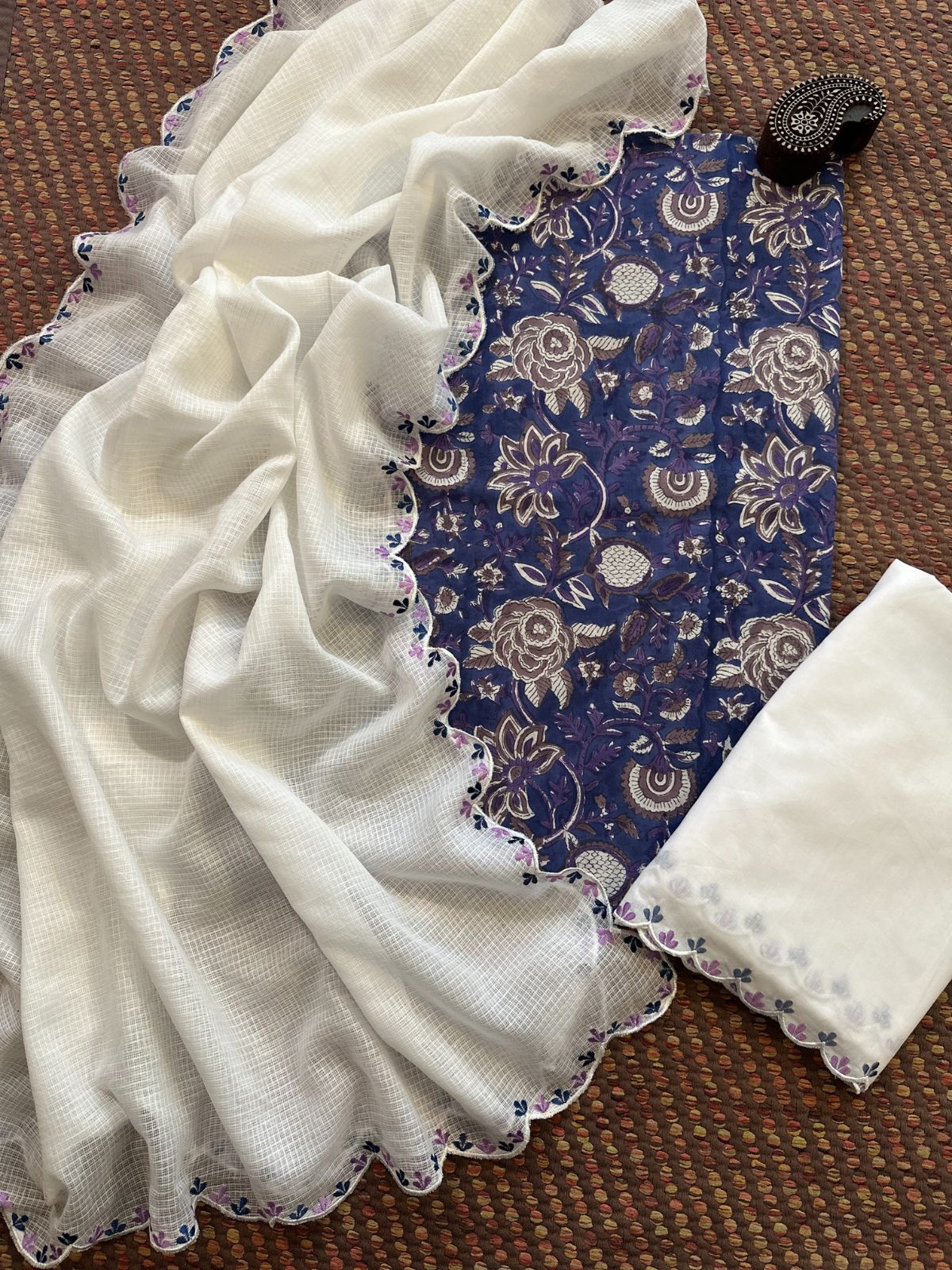 Pure Cotton Hand-block Fabric with Embroidered Bottom & Kota Doria Dupatta