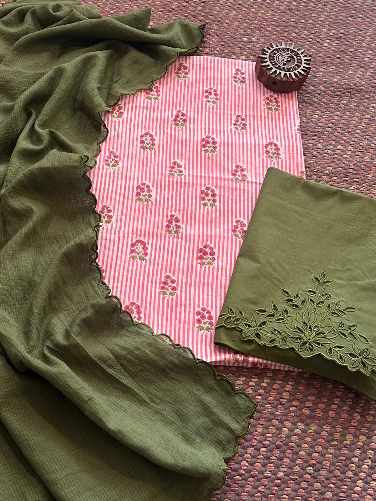 Pure Cotton Hand-blocked Fabric with Cutwork Bottom & Kota Doria Dupatta