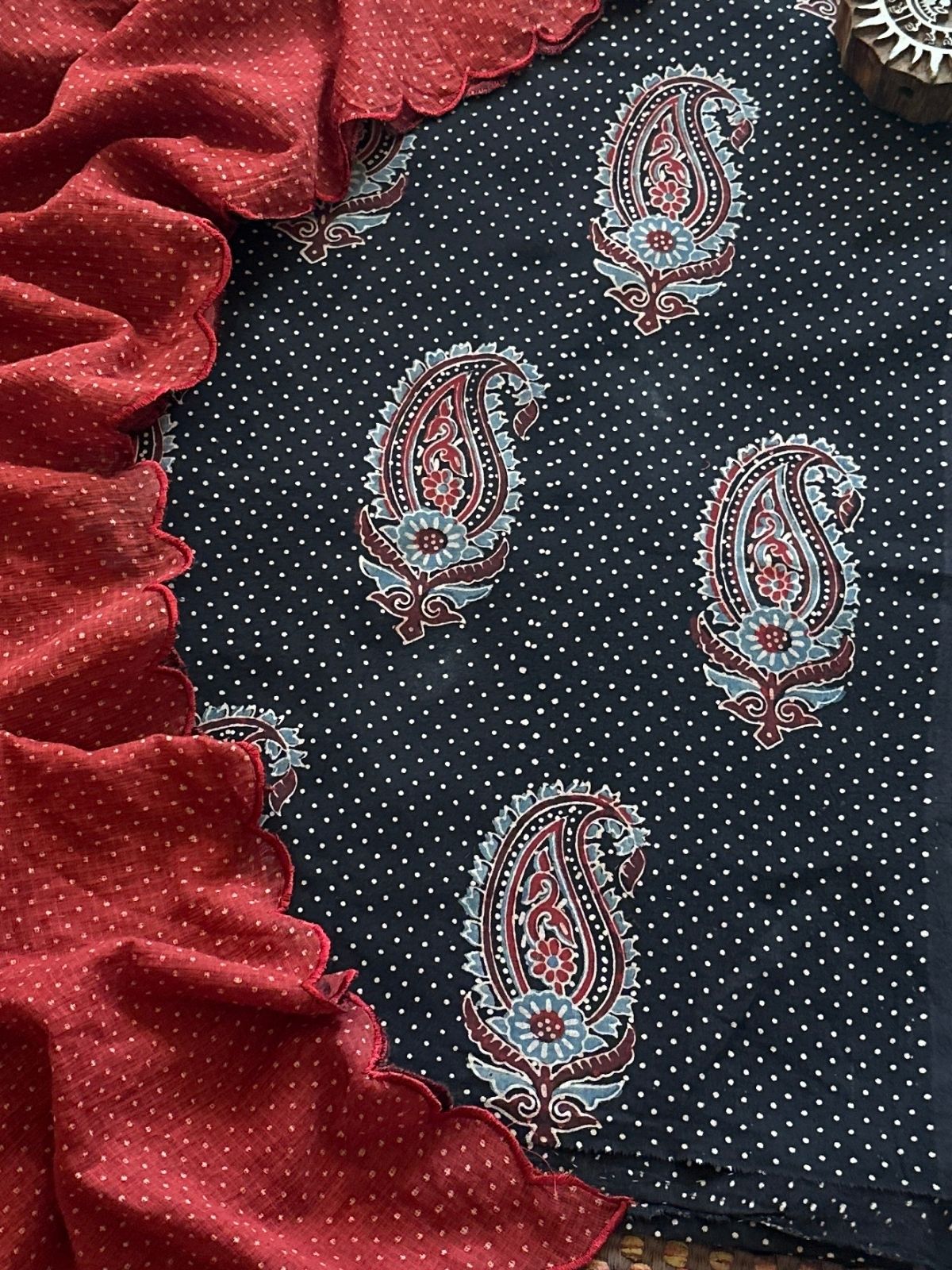 Ajrakh Cotton Malmal Handblocked Set- Top & Dupatta