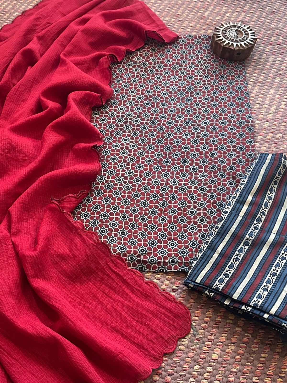 Ajrakh Handblocked Pure Cotton Malmal  Set & Kota Doria Dupatta