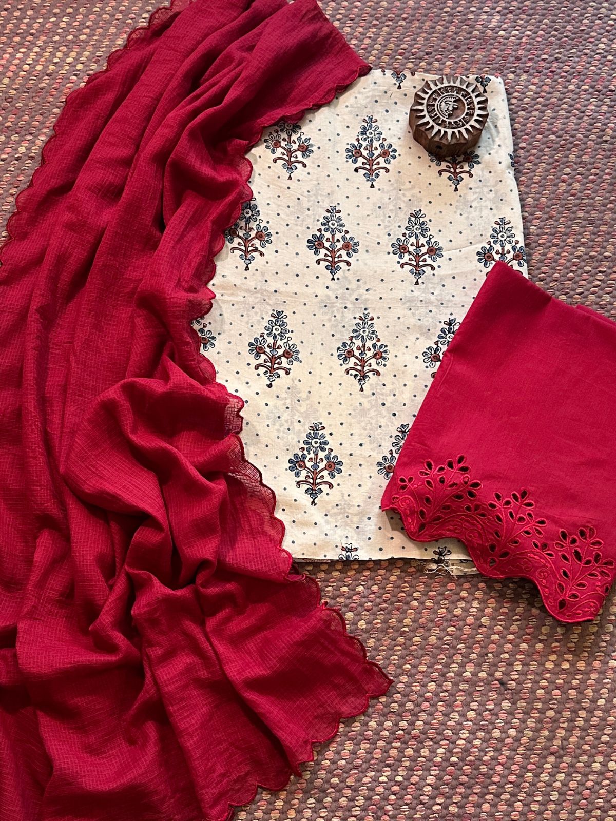 Pure Cotton Malmal  Ajrakh Fabric with Exclusive Cutwork Bottom & Kota Doria Dupatta