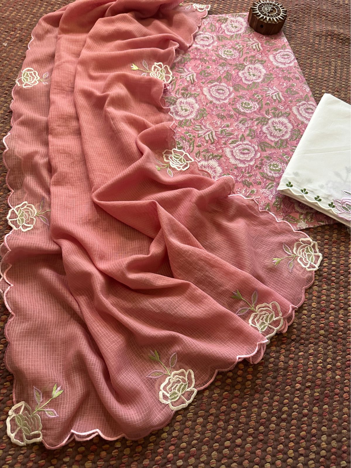 Pure Cotton Hand-block Fabric with Exclusive Embroidered Bottom & Kota Doria Dupatta