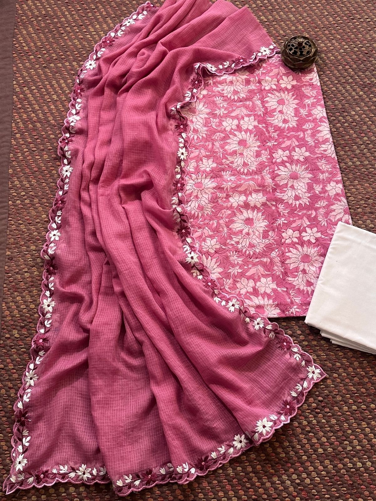 Pure Cotton Hand-blocked fabric set with Embroidered Dupatta