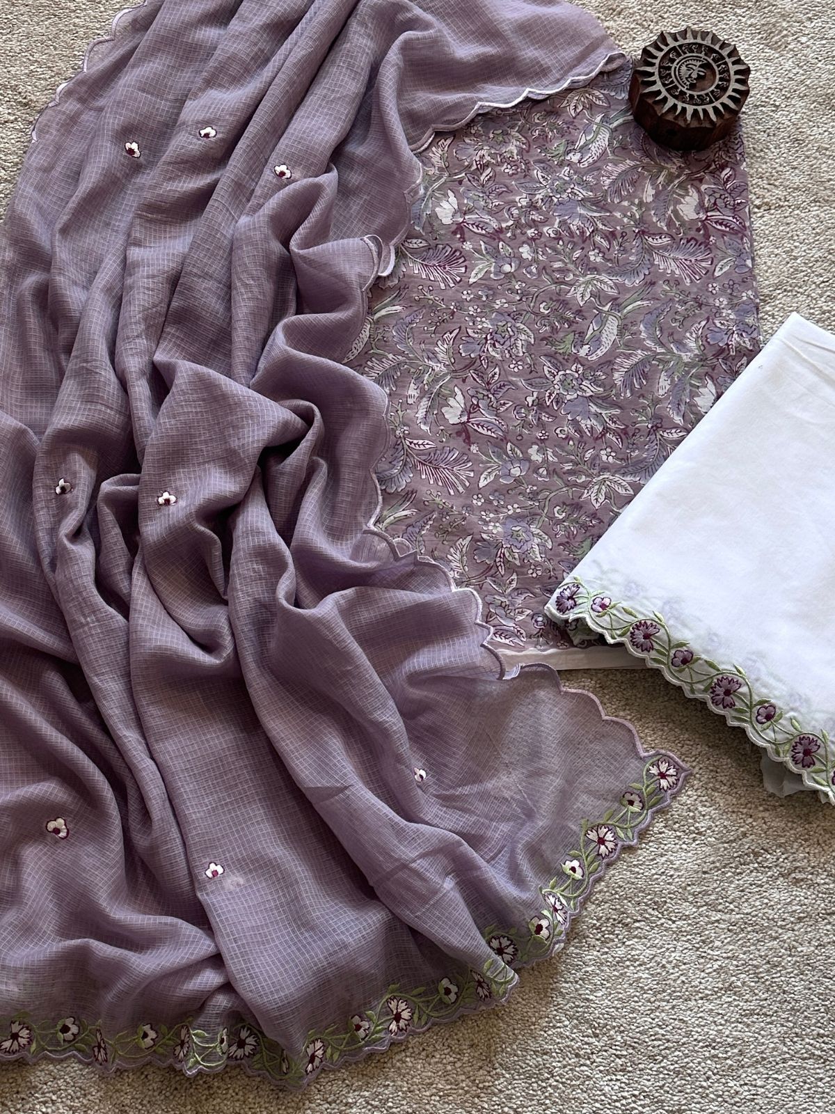 Sandhya Set- Sanganeri Kurta fabric with Embroidered Bottom and Dupatta
