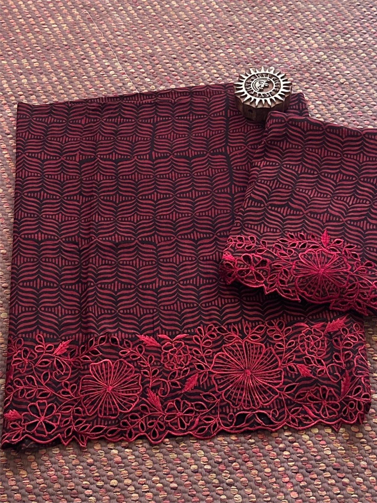 Exclusive Cutwork embroidered Ajrak Cotton Malmal Coord Set