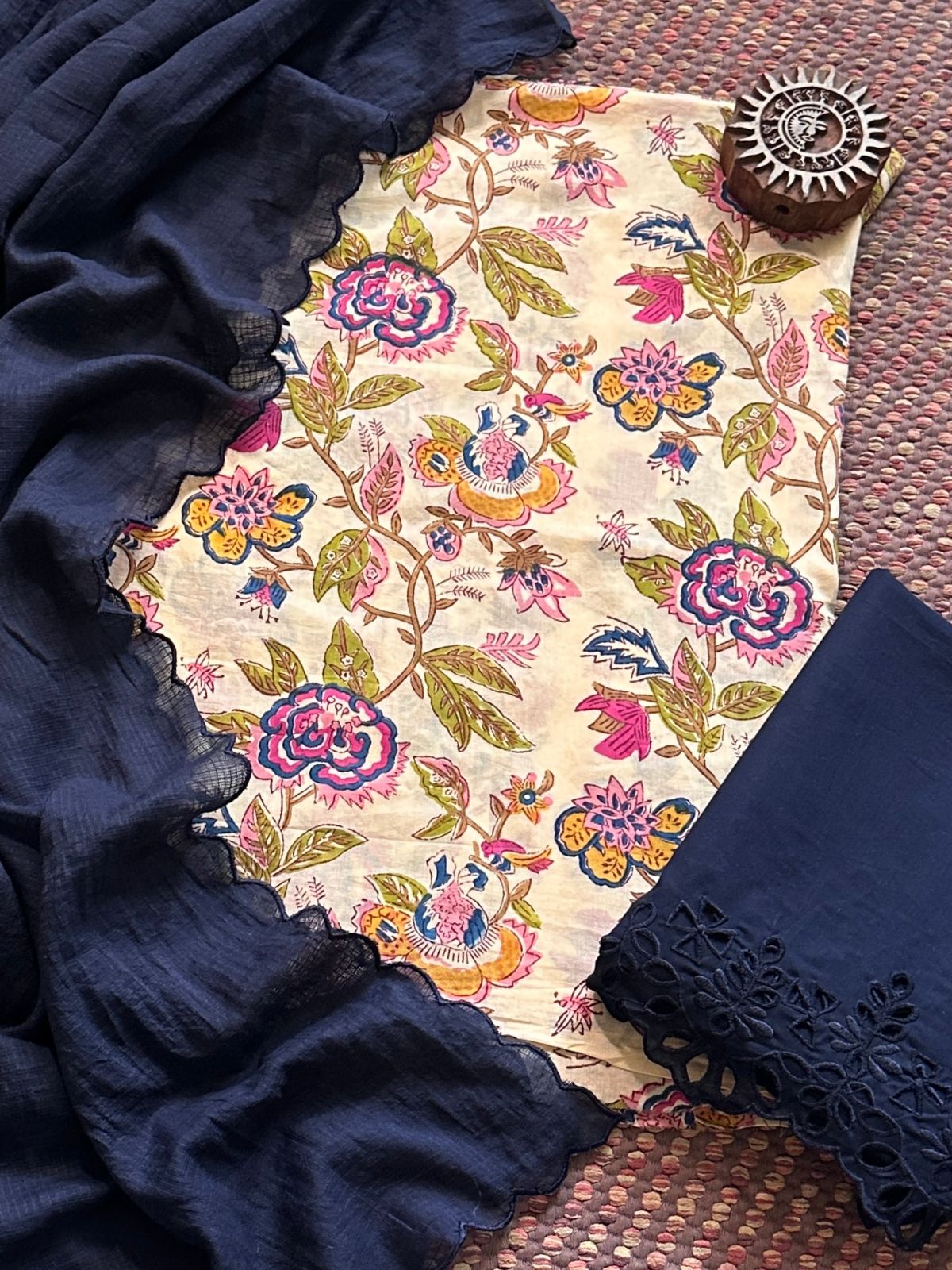 Pure Taj Cotton Hand-blocked Fabric with Cutwork Bottom & Kota Doria Dupatta