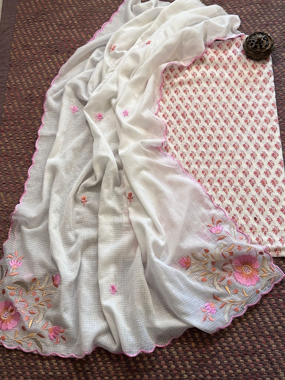 Pure Cotton Hand-blocked Fabric with Embroidered Dupatta