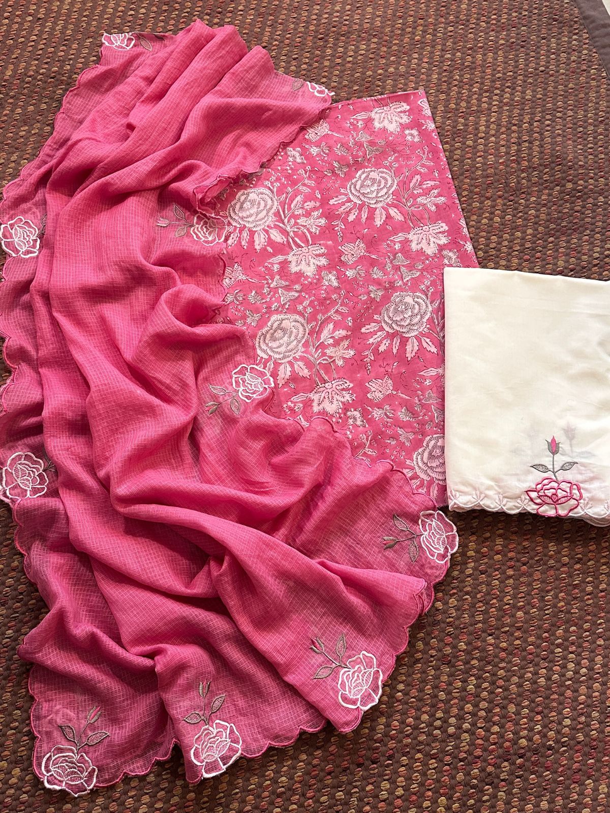 Pure Cotton Hand-block Fabric with Embroidered Bottom & Kota Doria Dupatta