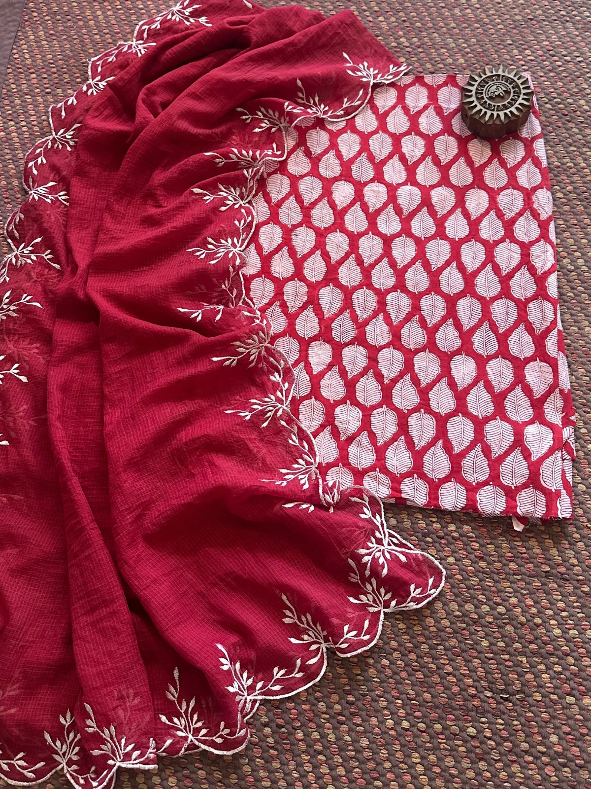 Pure Cotton Hand-blocked fabric set with Embroidered Dupatta