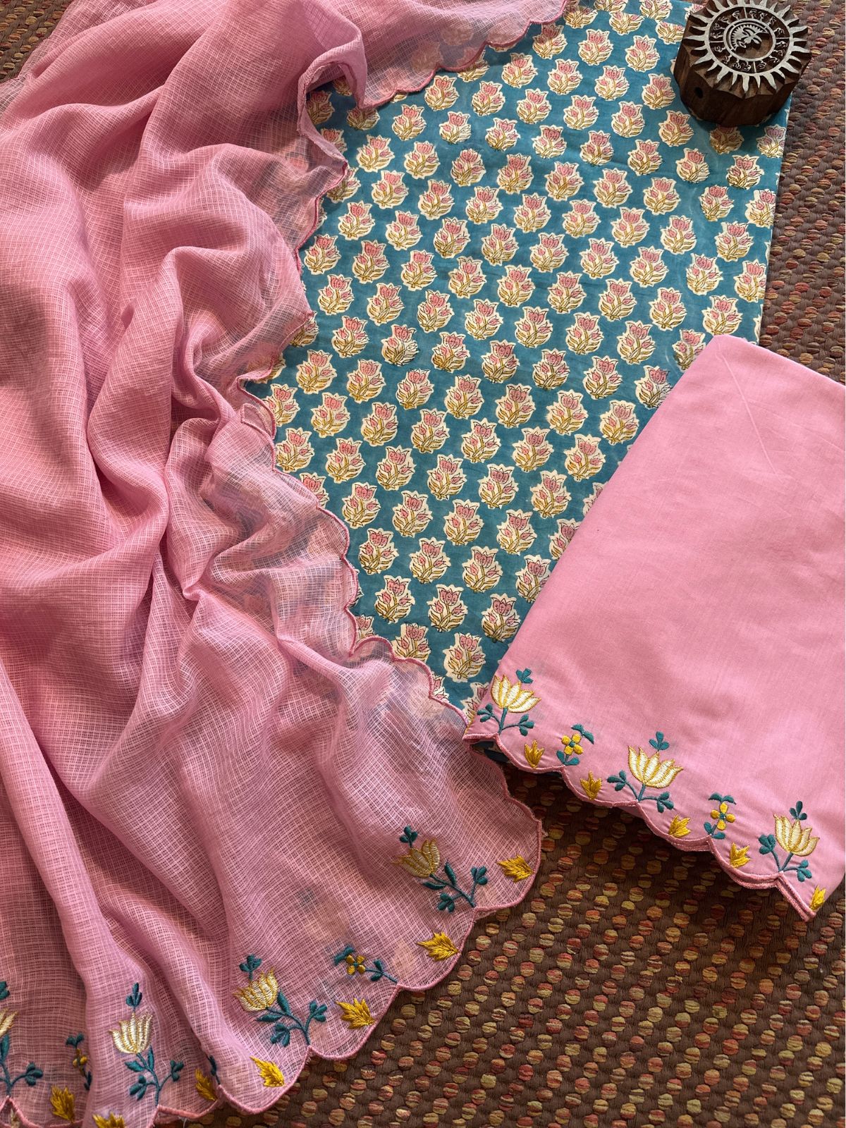 Pure Cotton Hand-block Fabric with Embroidered Bottom & Kota Doria Dupatta