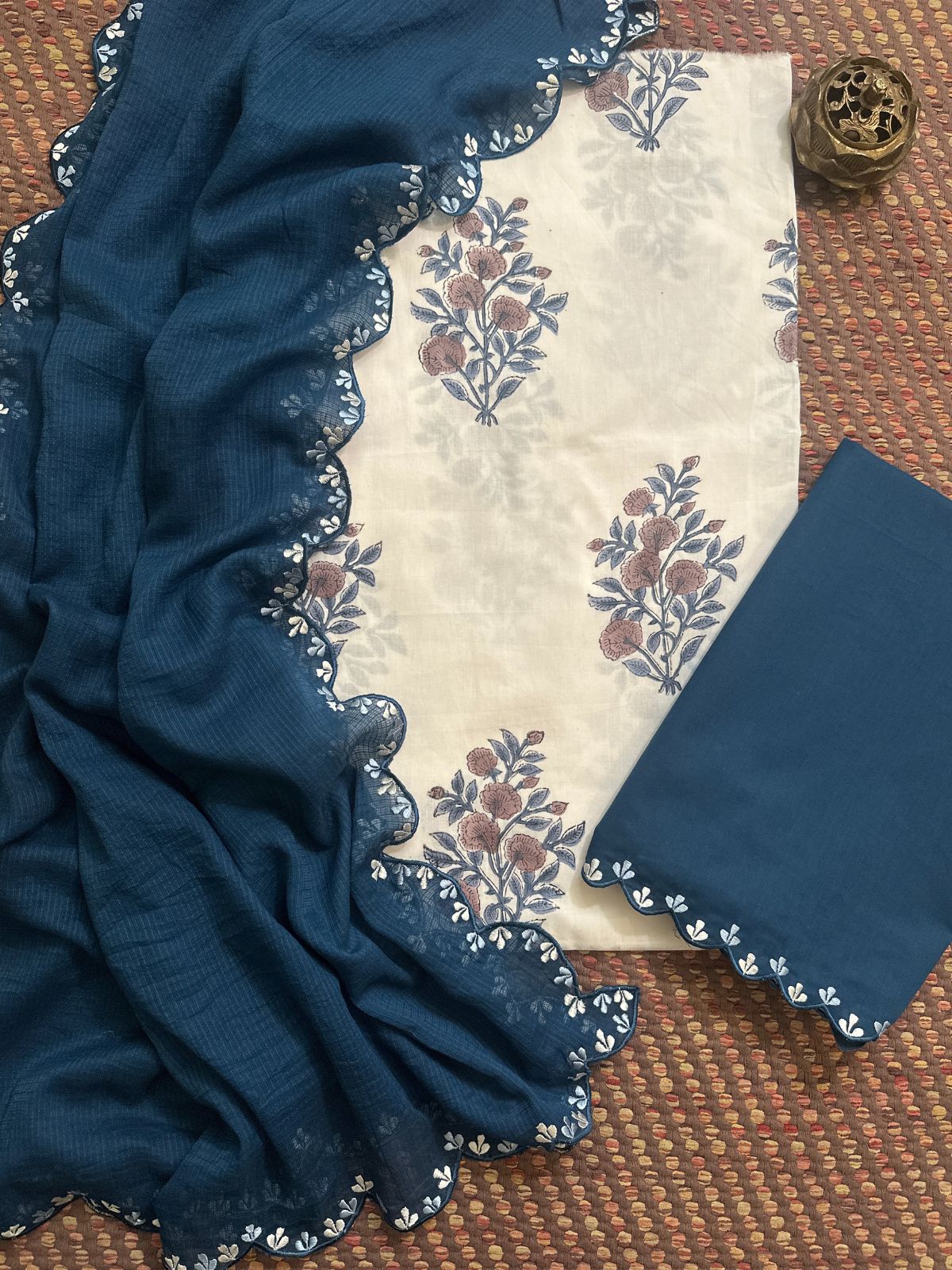 Pure Cotton Handblock Fabric with Exclusive Embroidered Bottom & Kota Doria Dupatta