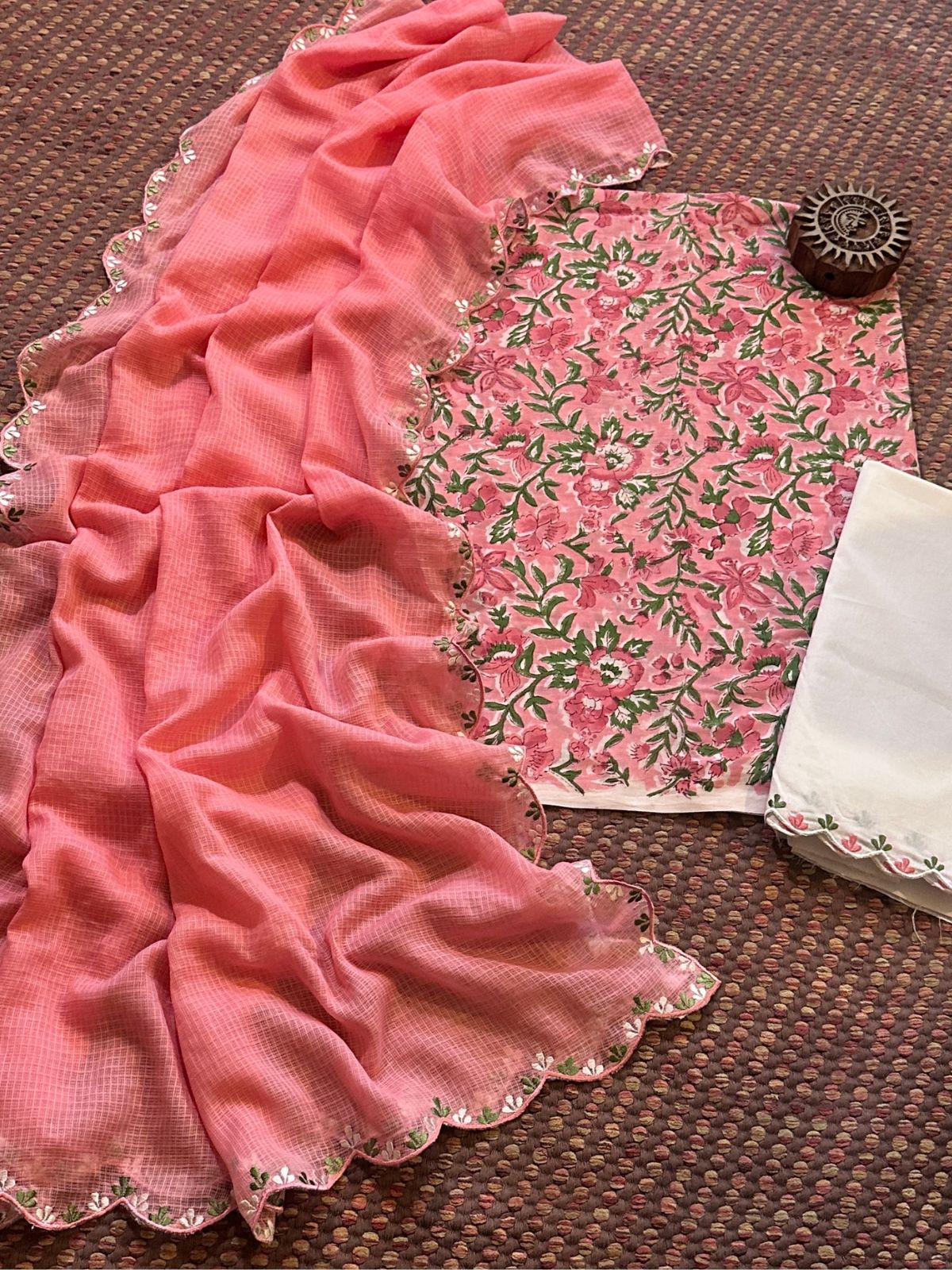 Pure Cotton Hand blocked Set with Embroidered Dupatta