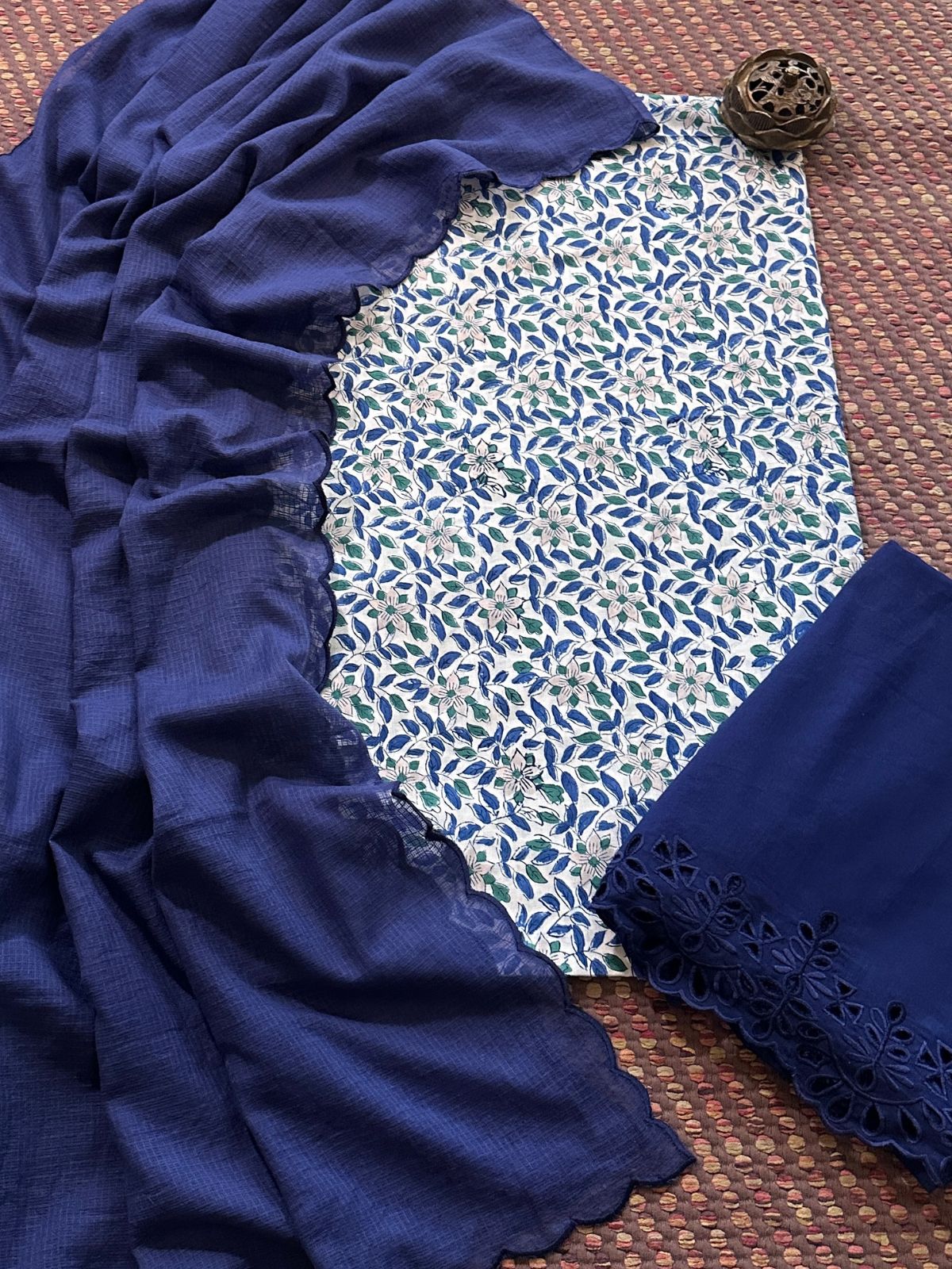 Pure Cotton Hand-blocked Fabric with Cutwork Bottom & Kota Doria Dupatta