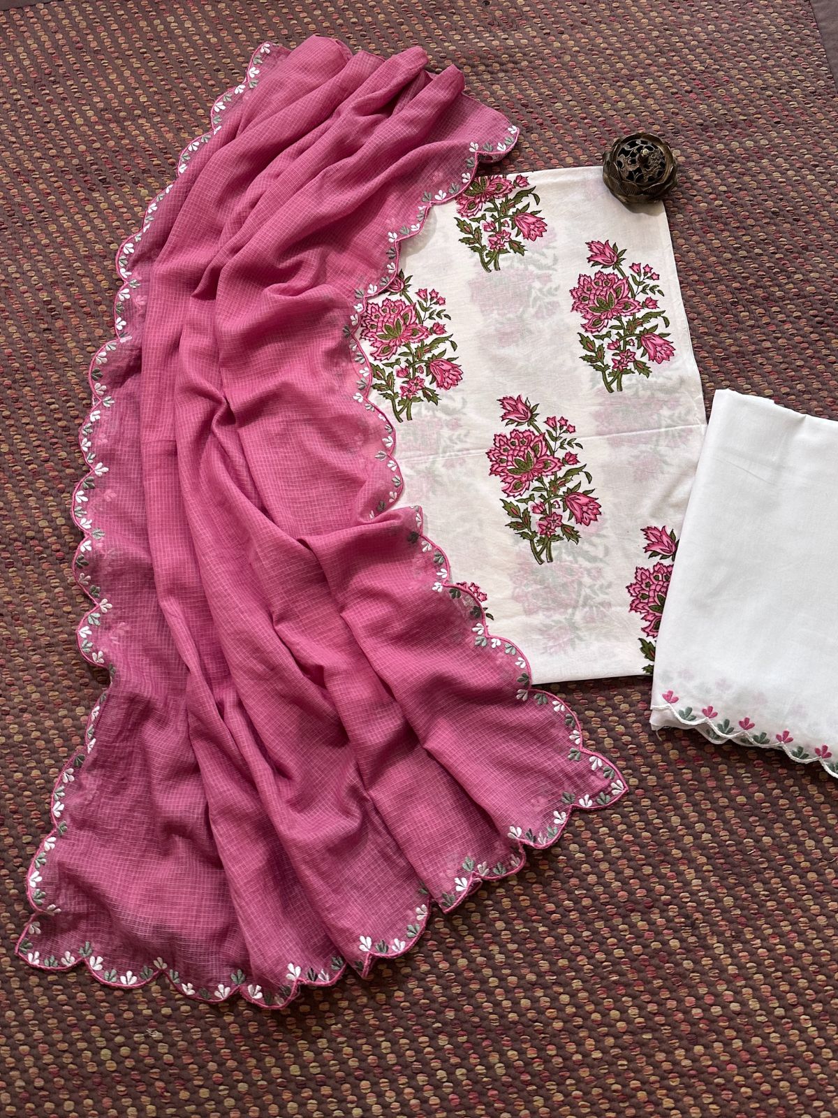 Pure Cotton Hand blocked Set with Embroidered Dupatta