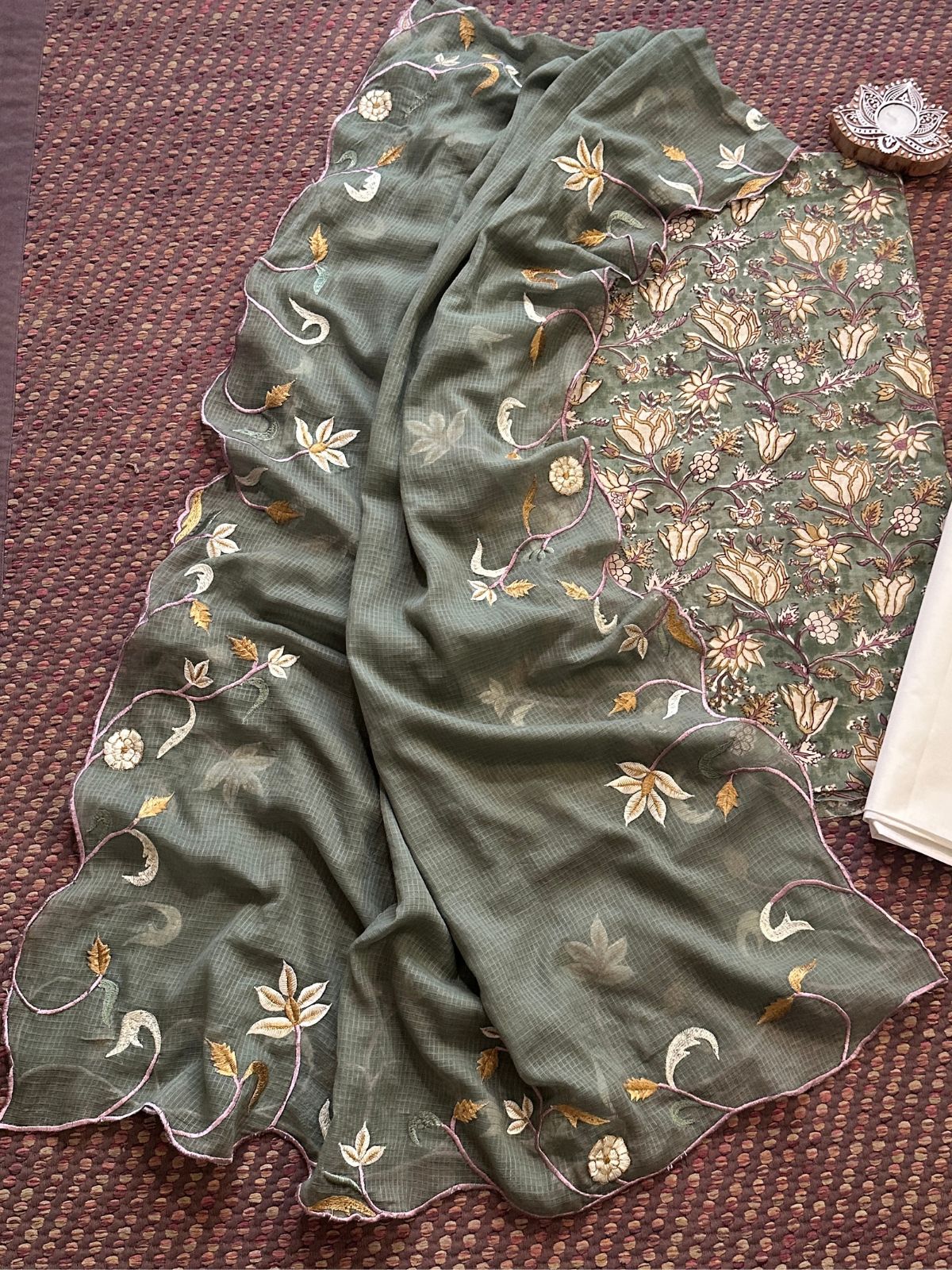 Pure Cotton Hand-blocked Fabric with Embroidered Dupatta