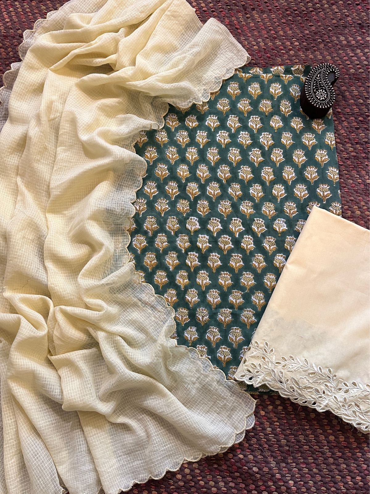 Pure Cotton Hand-blocked Fabric with Cutwork Bottom & Kota Doria Dupatta