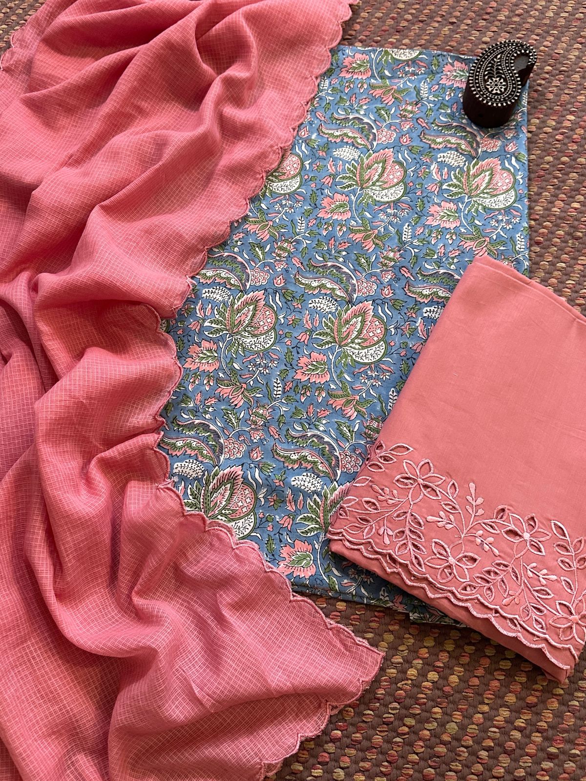 Pure Cotton Hand-blocked Fabric with Cutwork Bottom & Kota Doria Dupatta