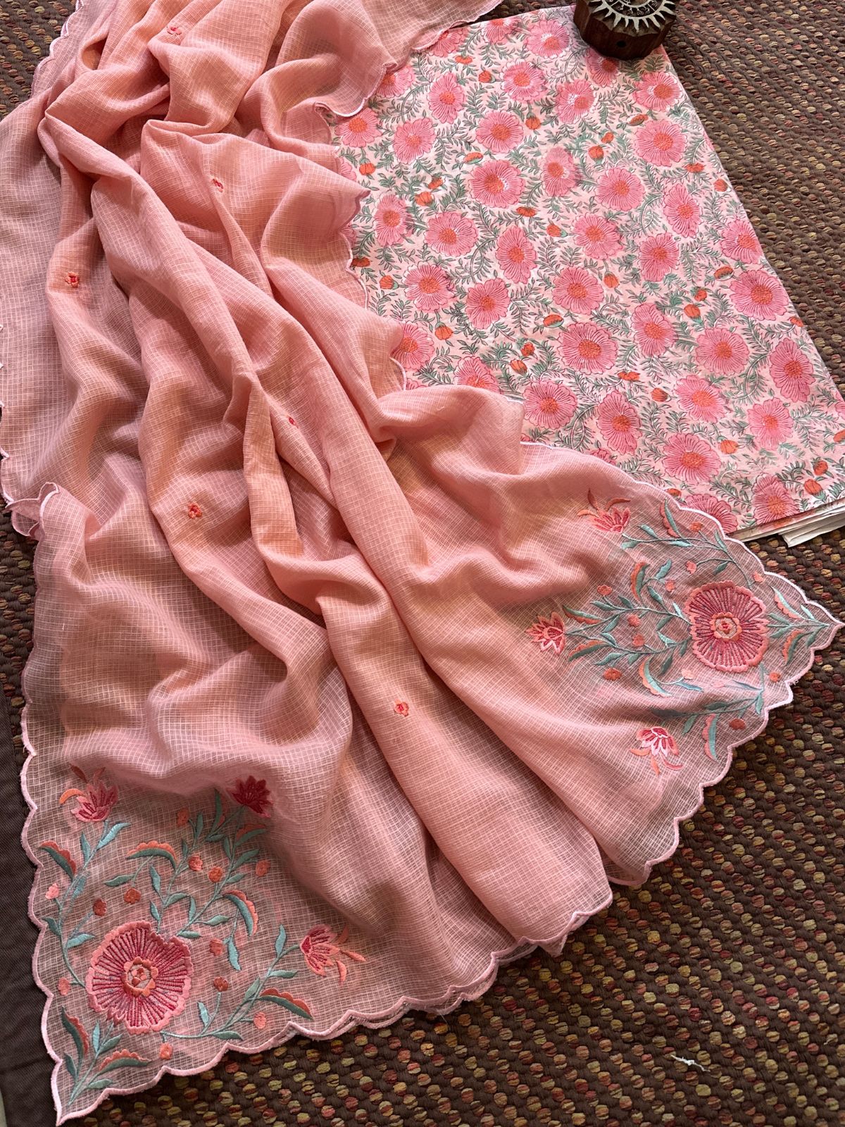 Pure Cotton Hand-blocked fabric set with Embroidered Dupatta