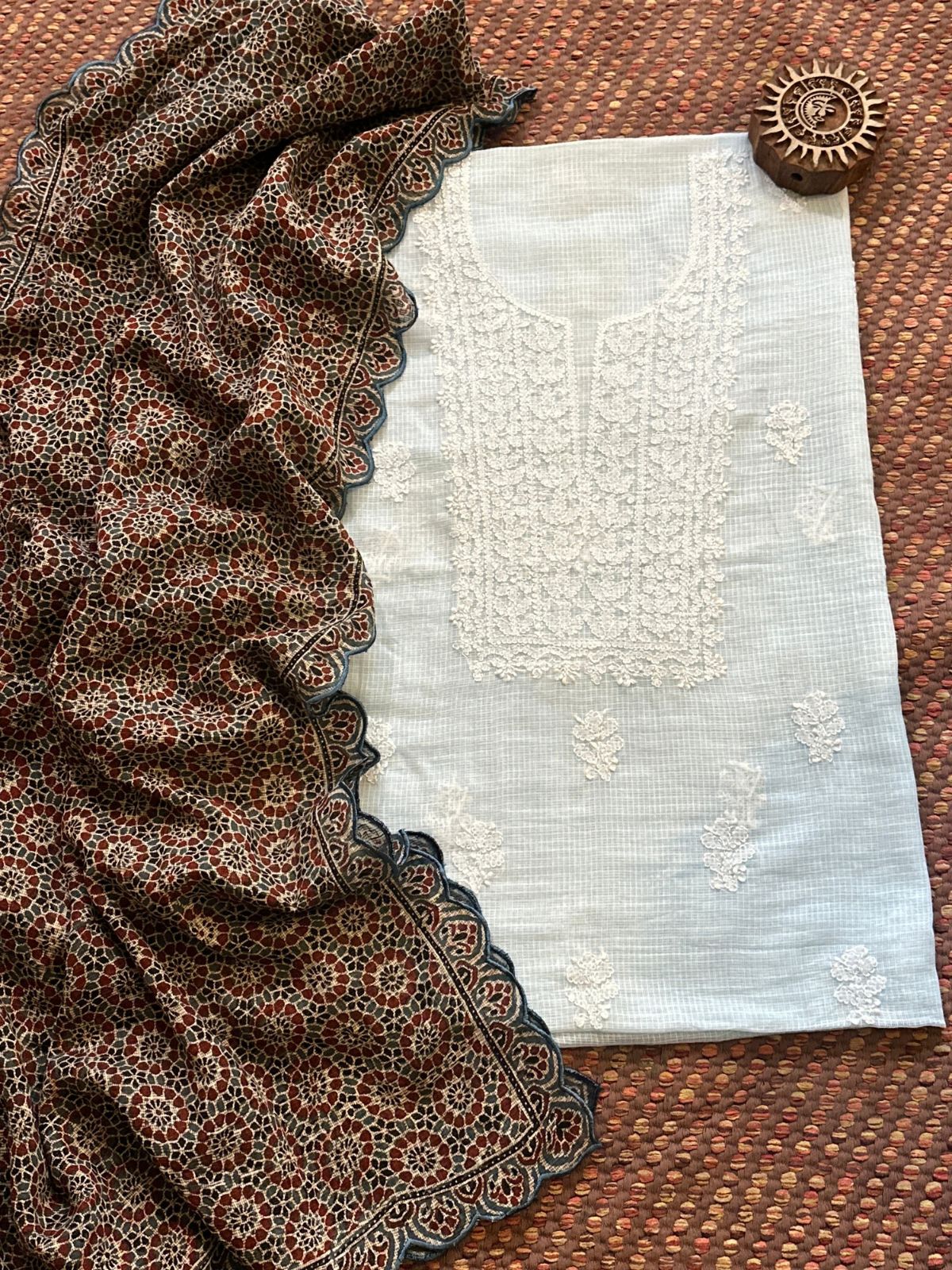 Chikankari Hand Embroidered Fabric with Ajrak Hadblocked Kota Dupatta