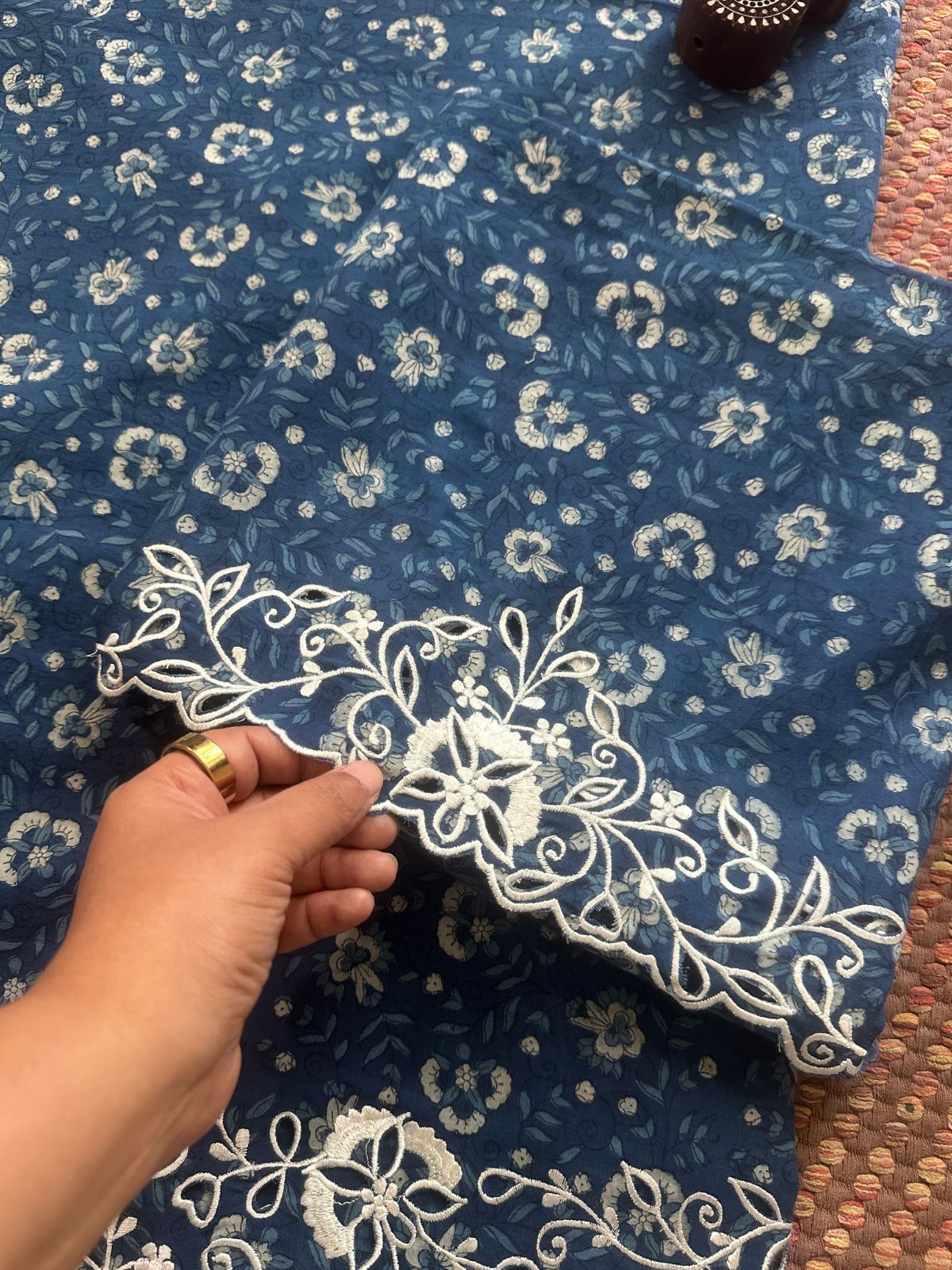 Pure Cotton Indigo Handblocked Coord Set with Cutwork embroidery
