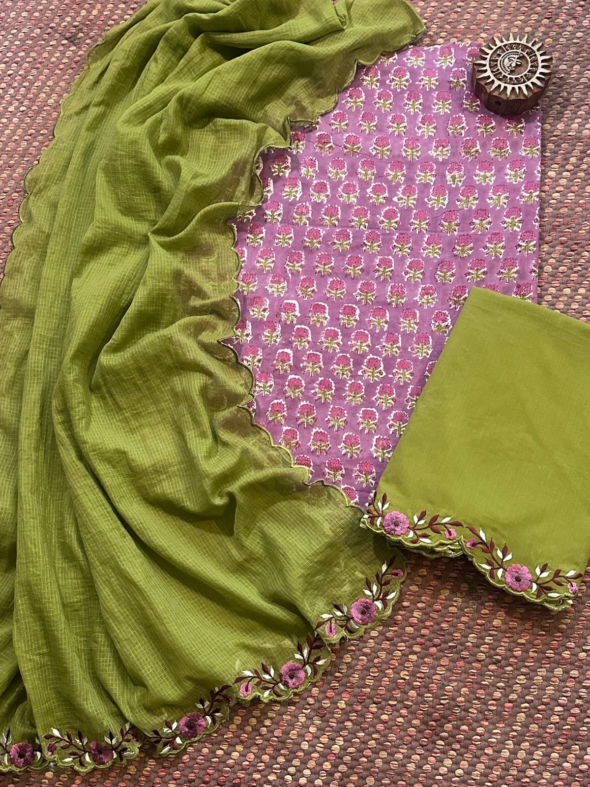 Pure Cotton Hand-block Fabric with Embroidered Bottom & Kota Doria Dupatta