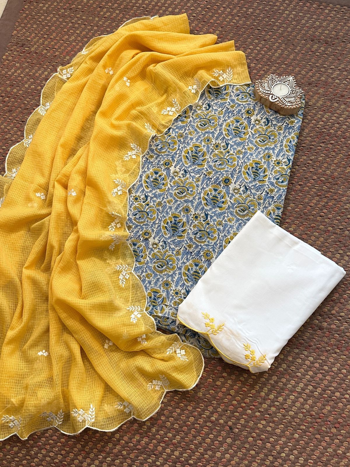 Pure Cotton Malmal Hand-block Fabric with Embroidered Bottom & Kota Doria Dupatta