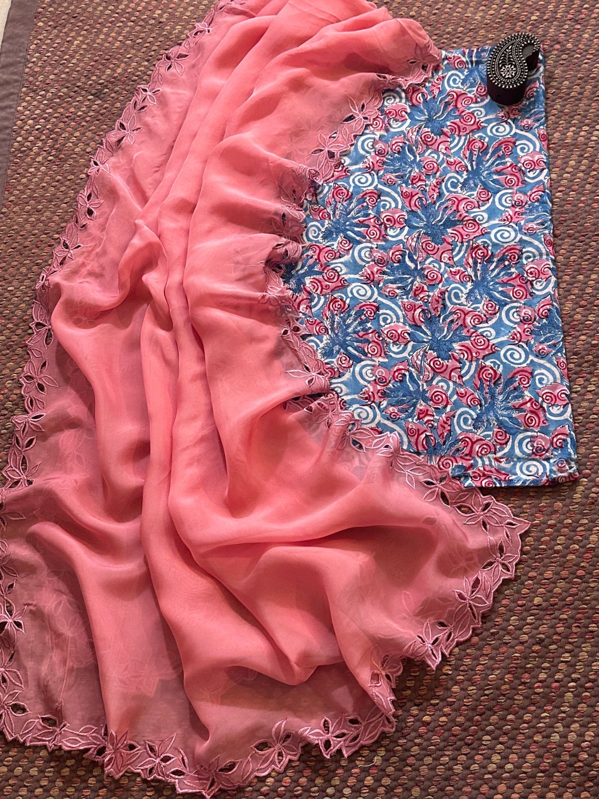 Pure Cotton Handblocked Fabric with Exclusive Cutwork Organza Dupatta