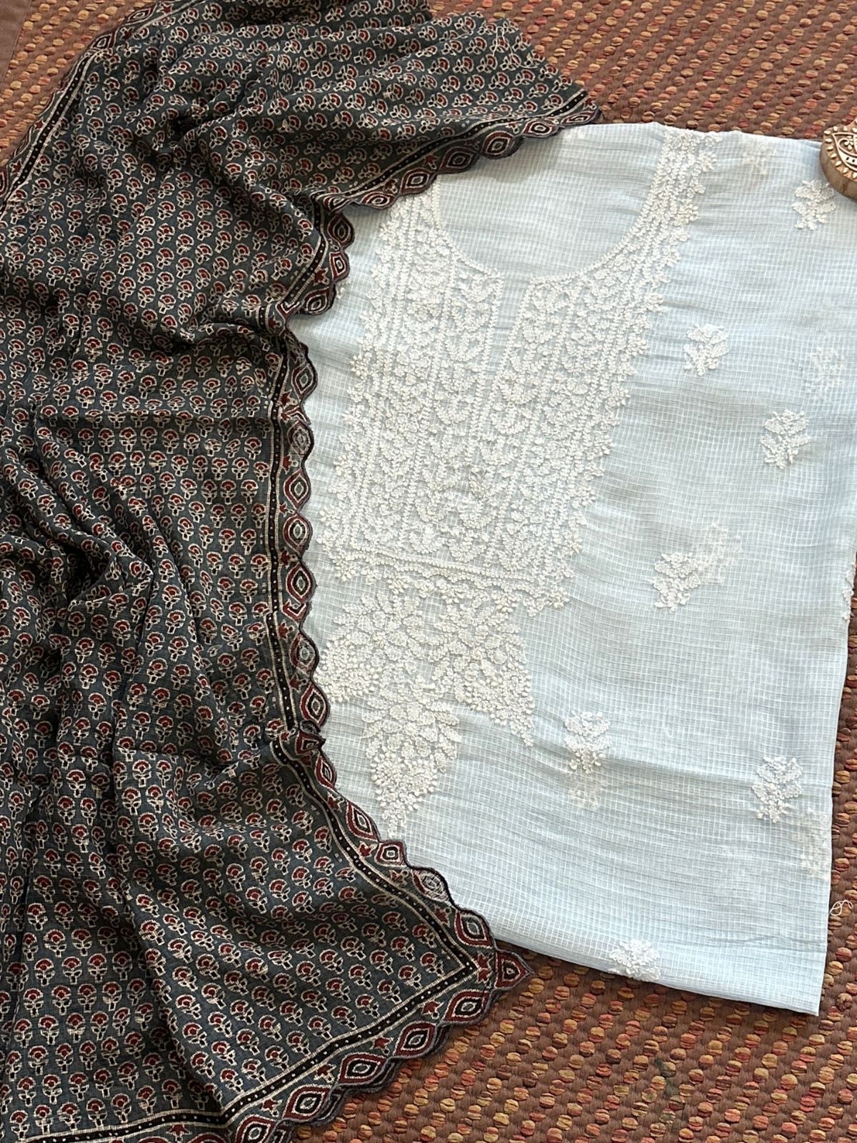 Pastel Blue Chikankari Hand Embroidered Fabric with Ajrak Hadblocked Kota Dupatta