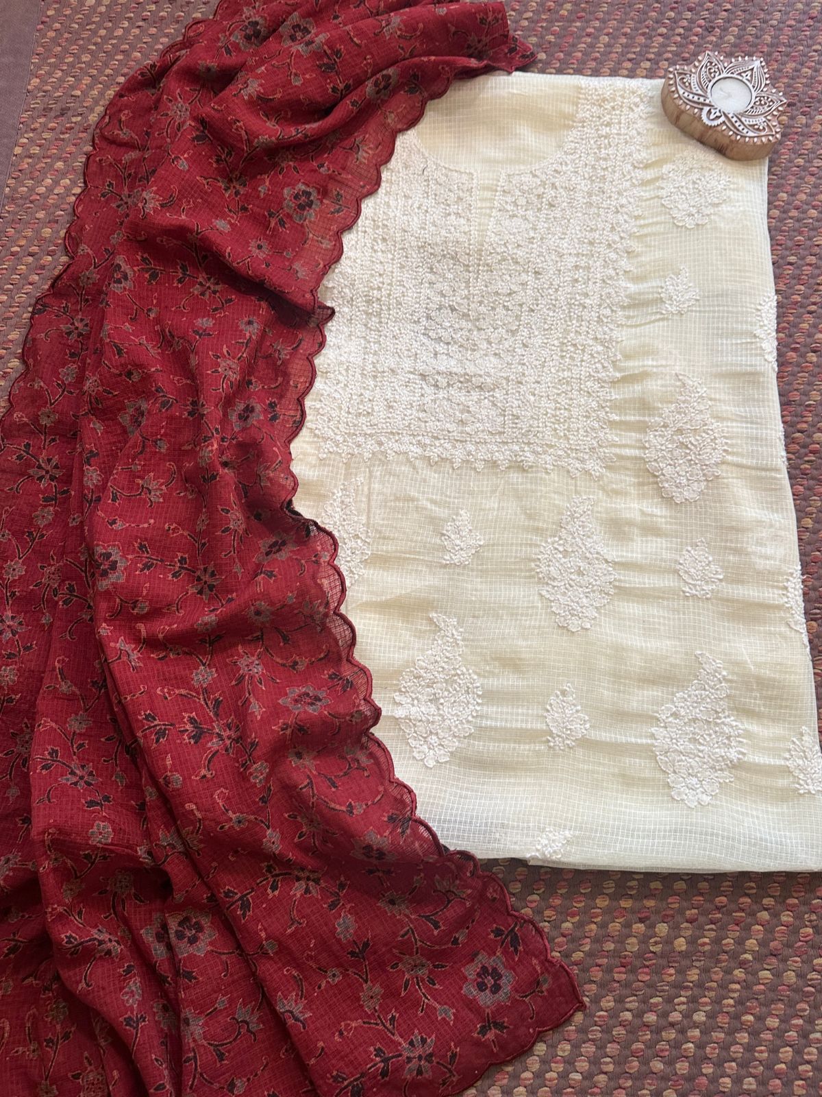 Chikankari Hand Embroidered Kota Doria Fabric with Ajrak Handblocked Kota Dupatta
