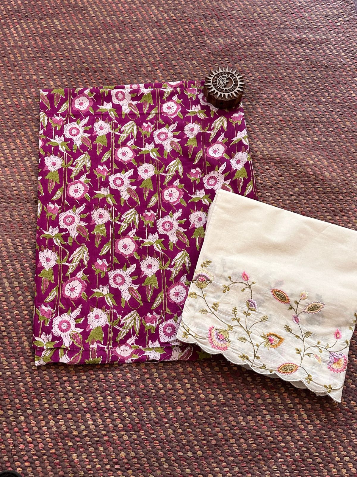 Pure Cotton Hand-blocked Fabric with Embroidered Bottom