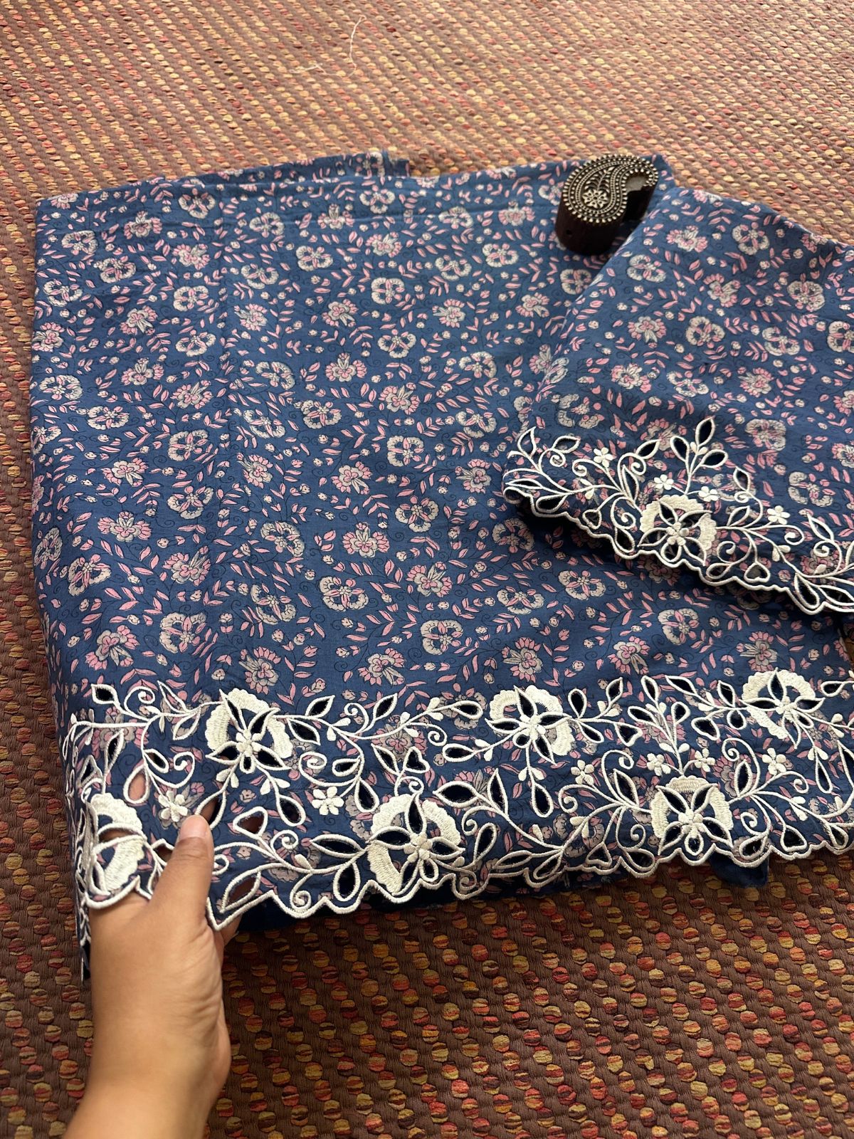 Pure Cotton Indigo Handblocked Coord Set with Cutwork embroidery