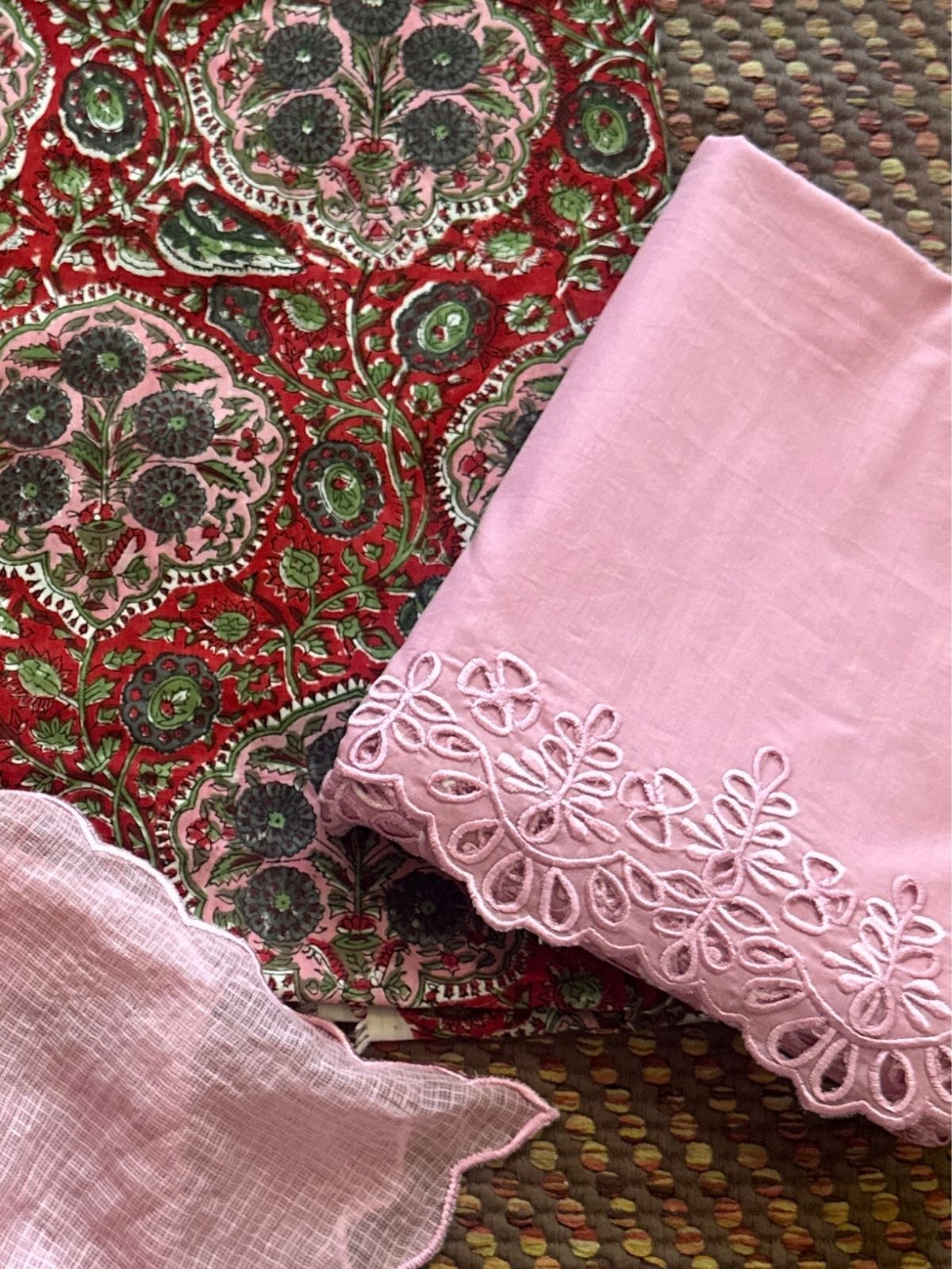 Pure Taj Cotton Hand-blocked Fabric with Cutwork Bottom & Kota Doria Dupatta