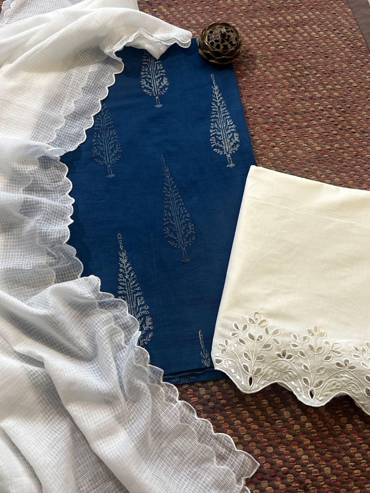 Pure Cotton Hand-blocked Indigo Fabric with Cutwork Bottom & Kota Doria Dupatta