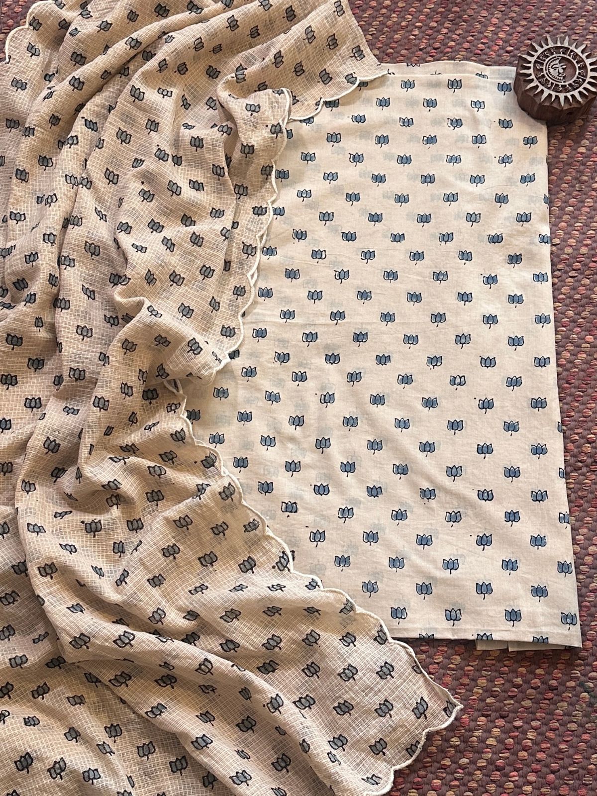 Ajrakh Cotton Malmal Handblocked Set- Top & Dupatta