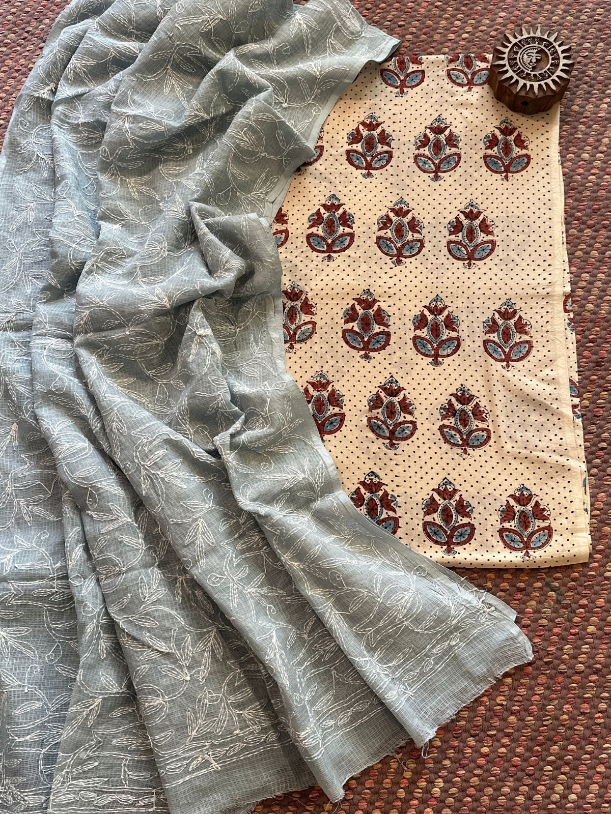 Ajrakh Handblocked Cotton Malmal Fabric with Chikankari Kota Dupatta Unstitched Set