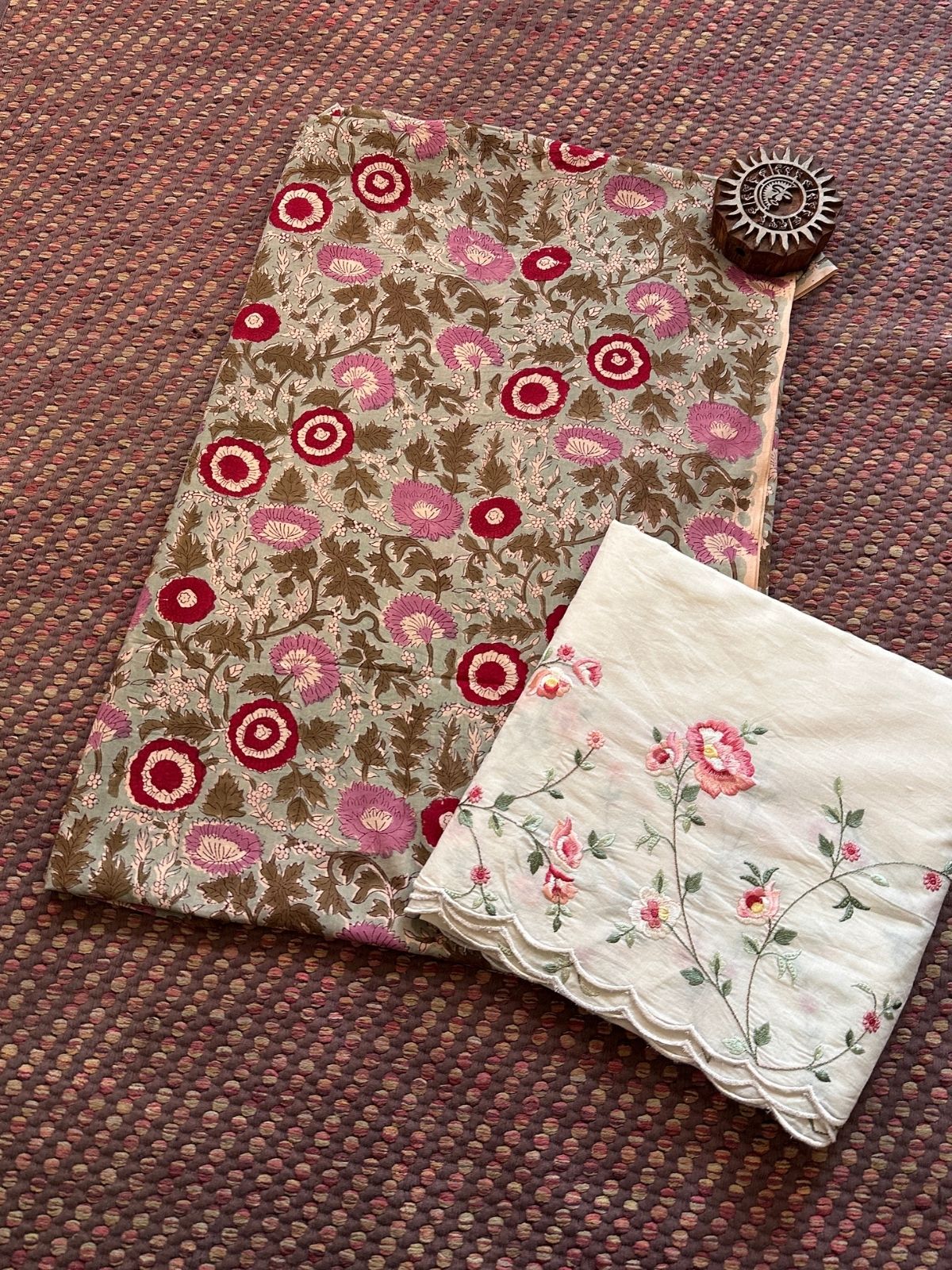 Pure Cotton Hand-blocked Fabric with Embroidered Bottom