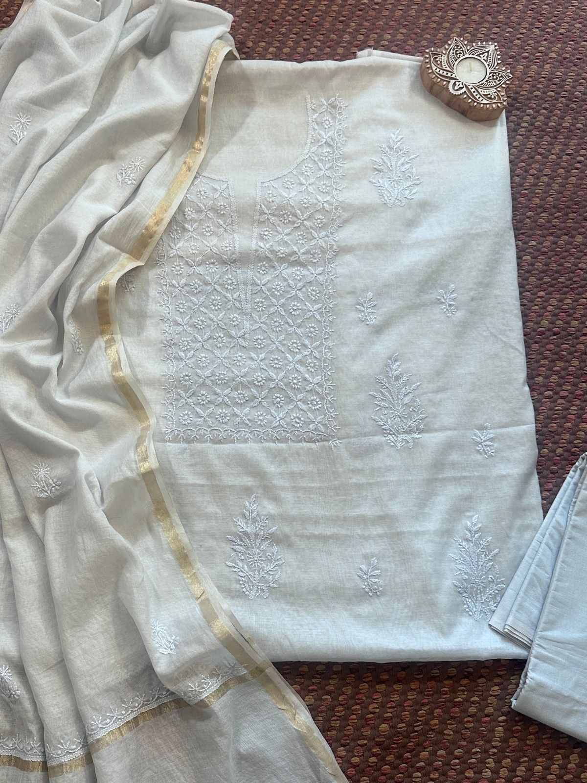 Premium Powder Blue Shade Malmal Maheswari Chikankari Set