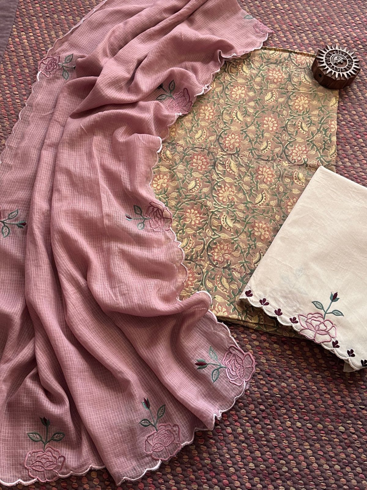 Pure Cotton Malmal Hand-block Fabric with Embroidered Bottom & Kota Doria Dupatta