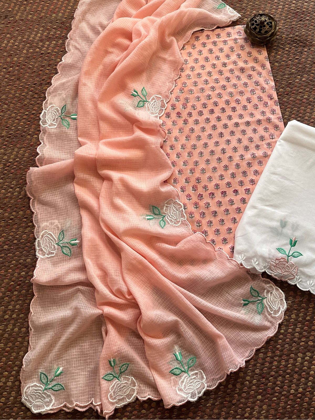 Pure Cotton Hand-block Fabric with Embroidered Bottom & Kota Doria Dupatta