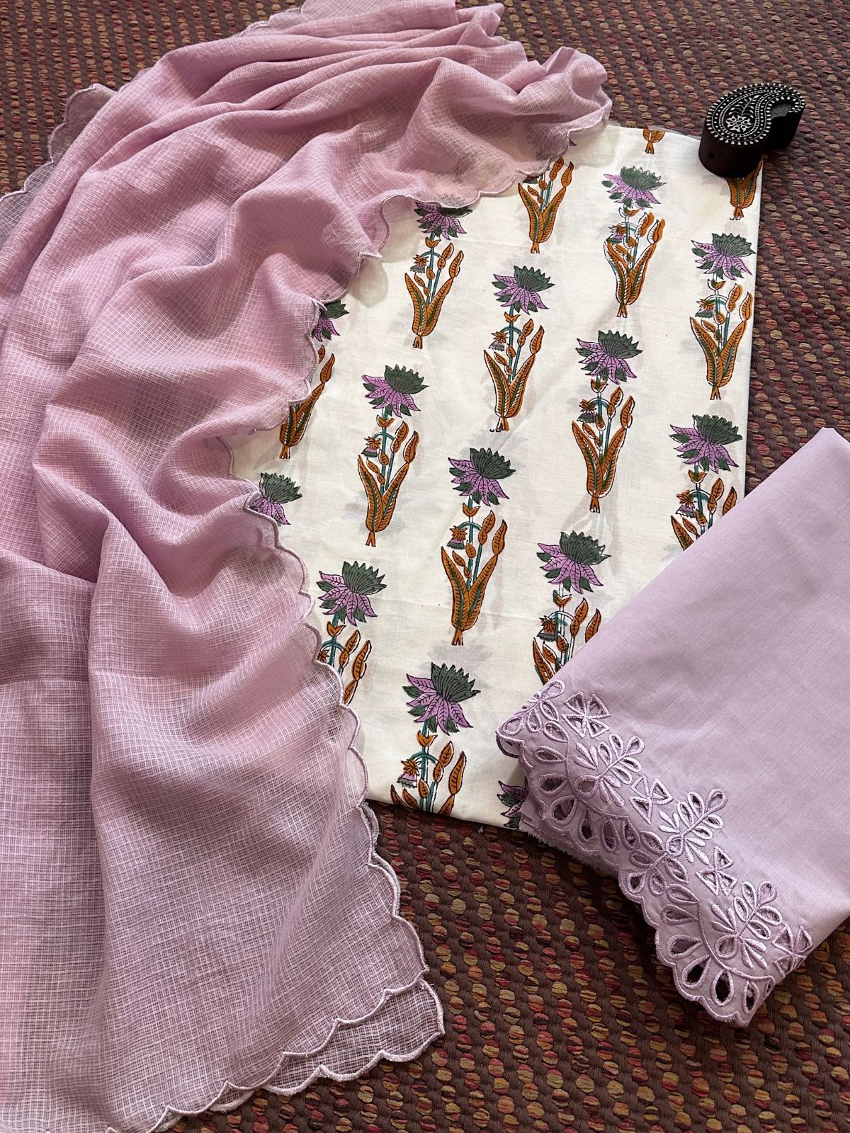 Pure Cotton Malmal Hand-blocked Fabric with Cutwork Bottom & Kota Doria Dupatta