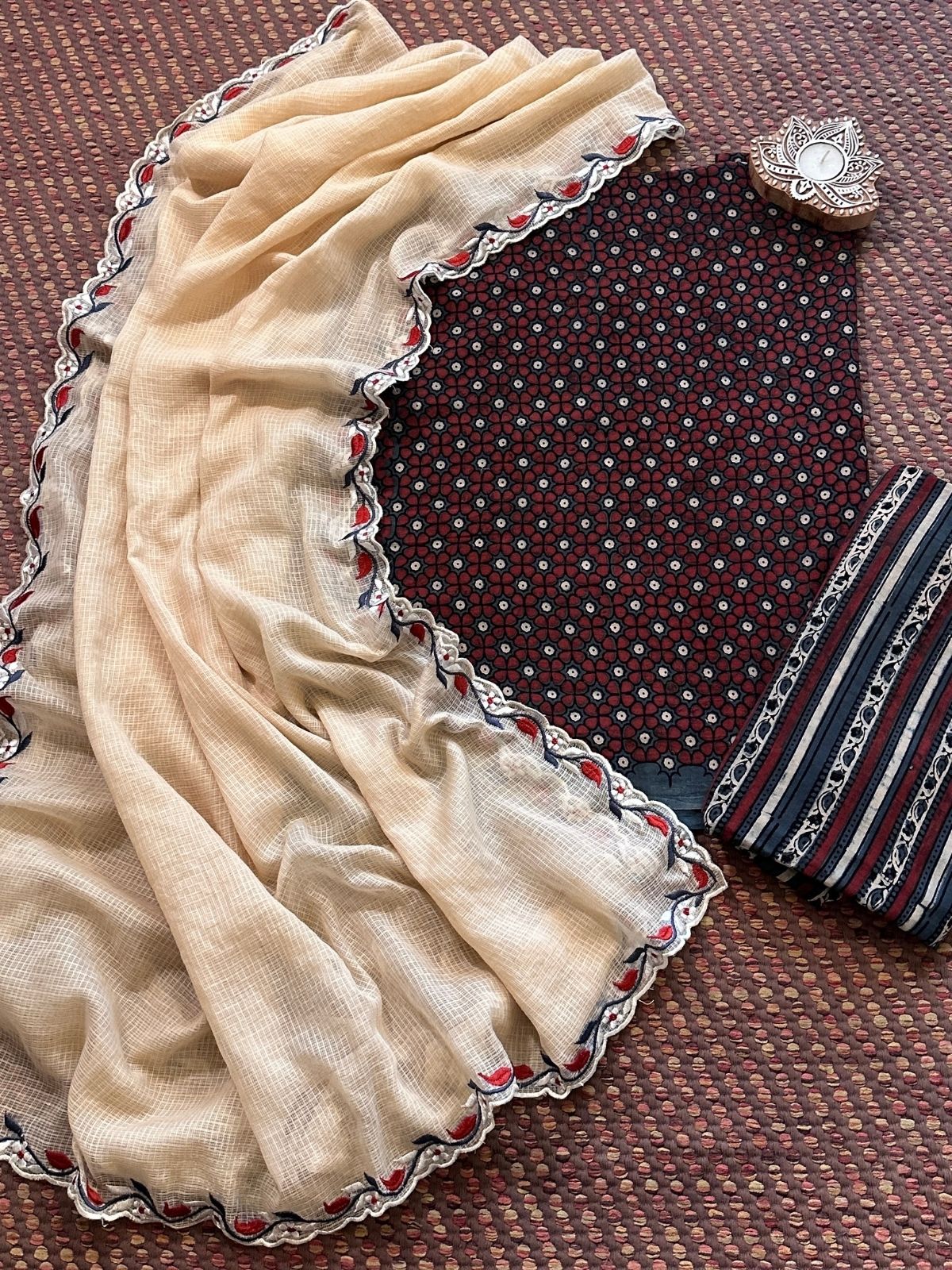 Ajrakh Cotton Malmal Unstitched Set with Embroidered Kota Dupatta