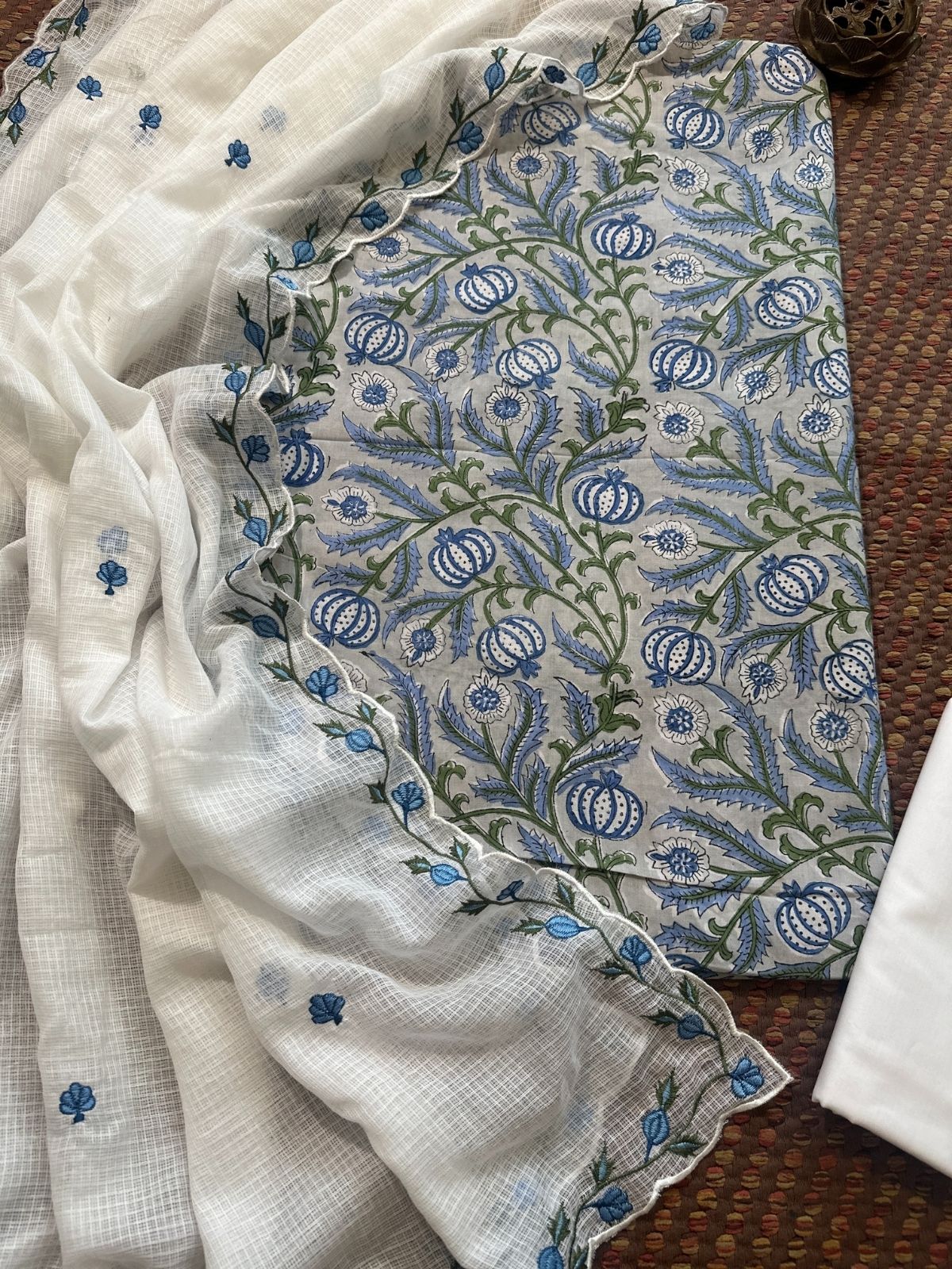Pure Cotton Hand-blocked fabric set with Embroidered Dupatta