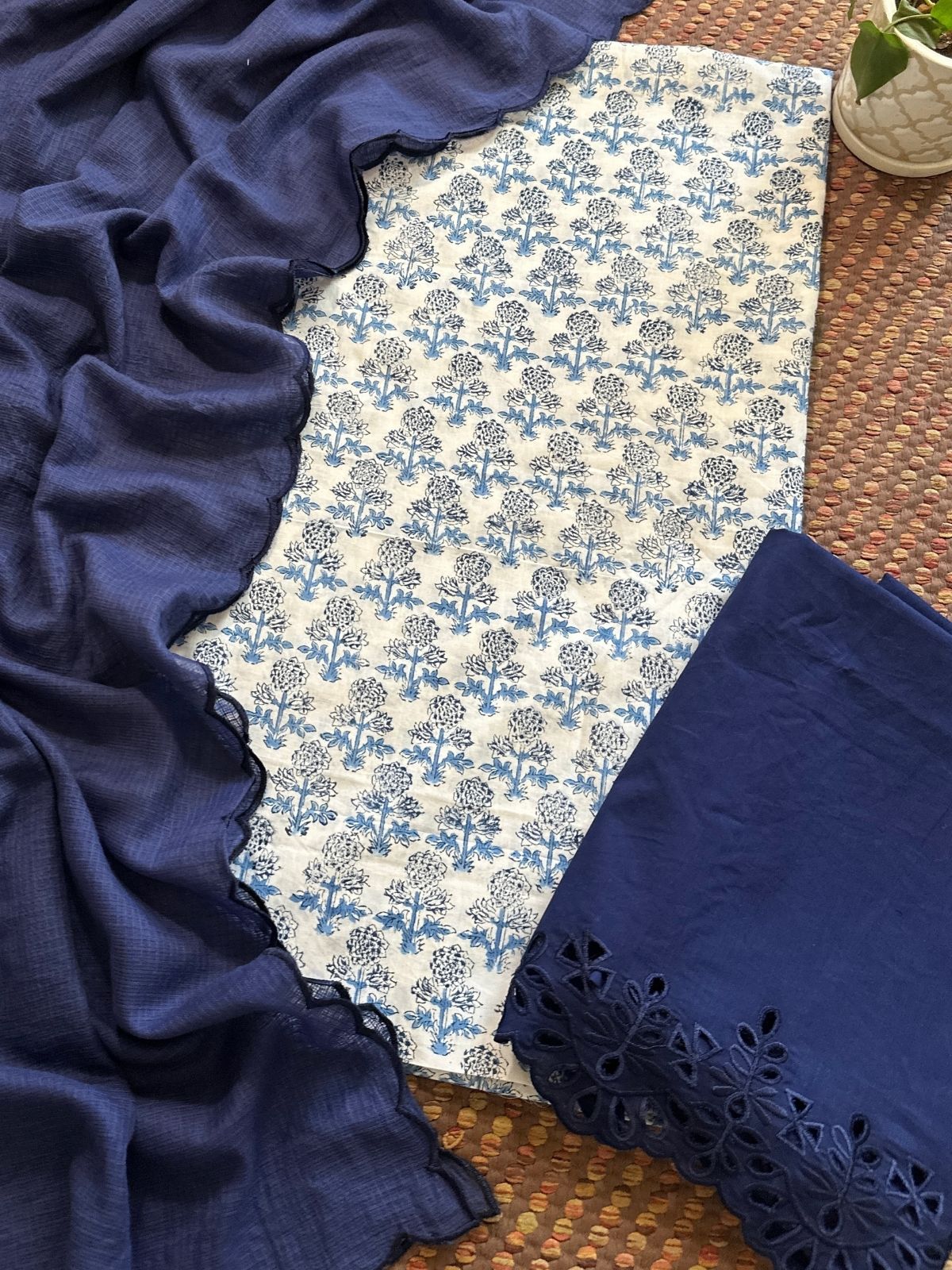 Pure Cotton Hand-blocked Fabric with Cutwork Bottom & Kota Doria Dupatta