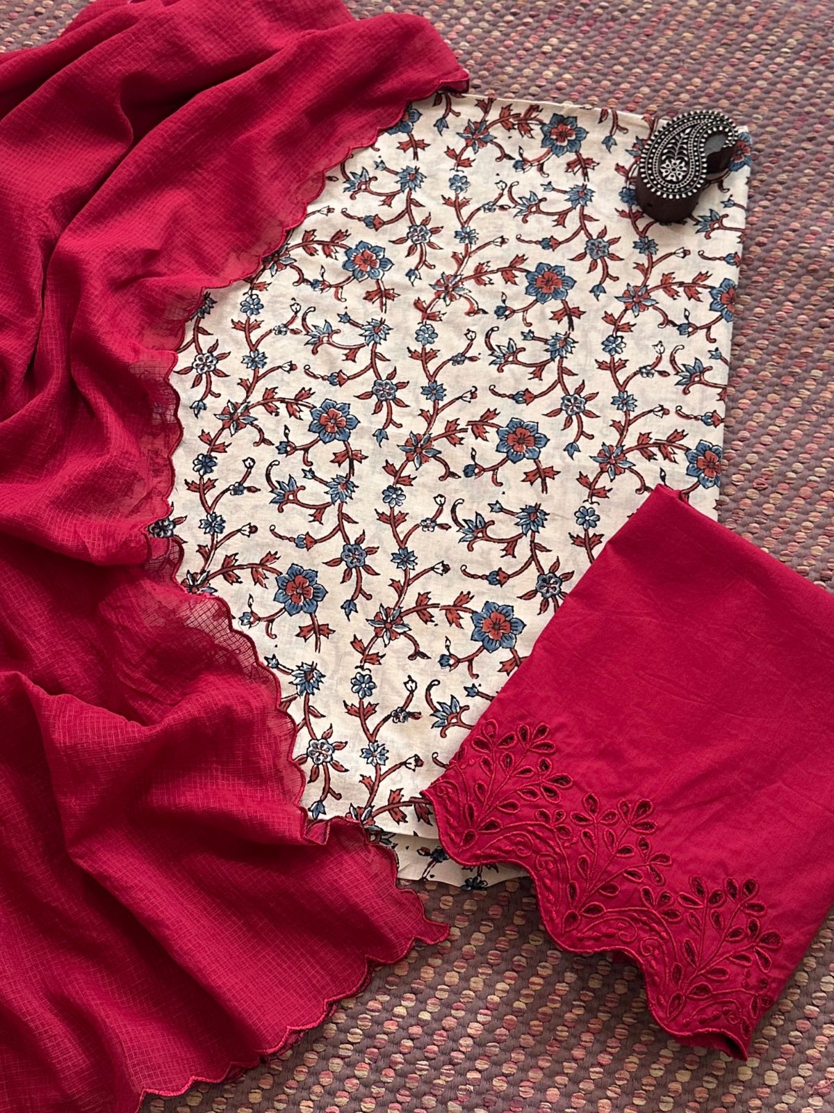 Pure Cotton Malmal  Ajrakh Fabric with Exclusive Cutwork Bottom & Kota Doria Dupatta