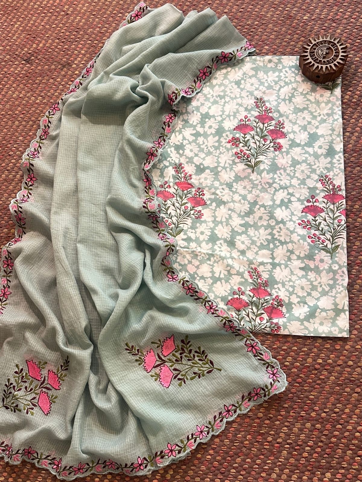 Pure Cotton Handblock Fabric with Exclusive Embroidered Dupatta