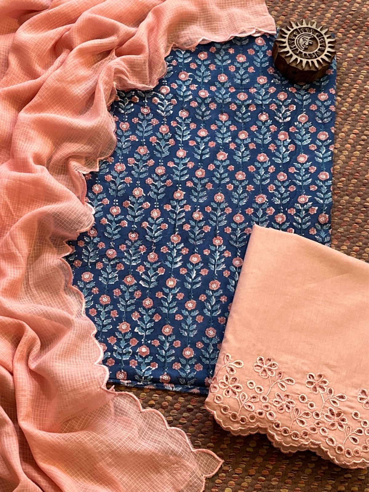 Pure Cotton Hand-blocked Fabric with Cutwork Bottom & Kota Doria Dupatta