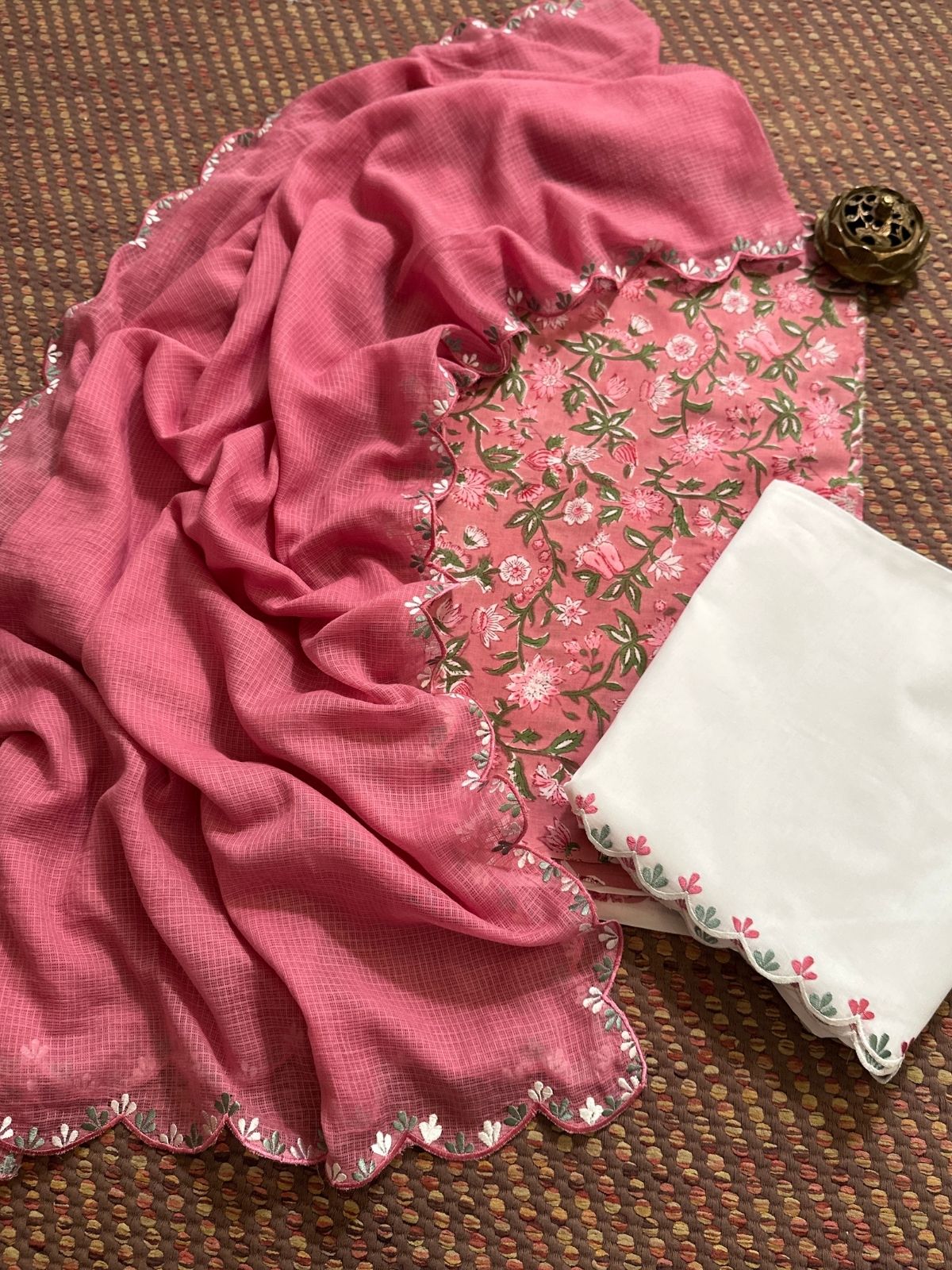 Pure Cotton Hand-block Fabric with Embroidered Bottom & Kota Doria Dupatta